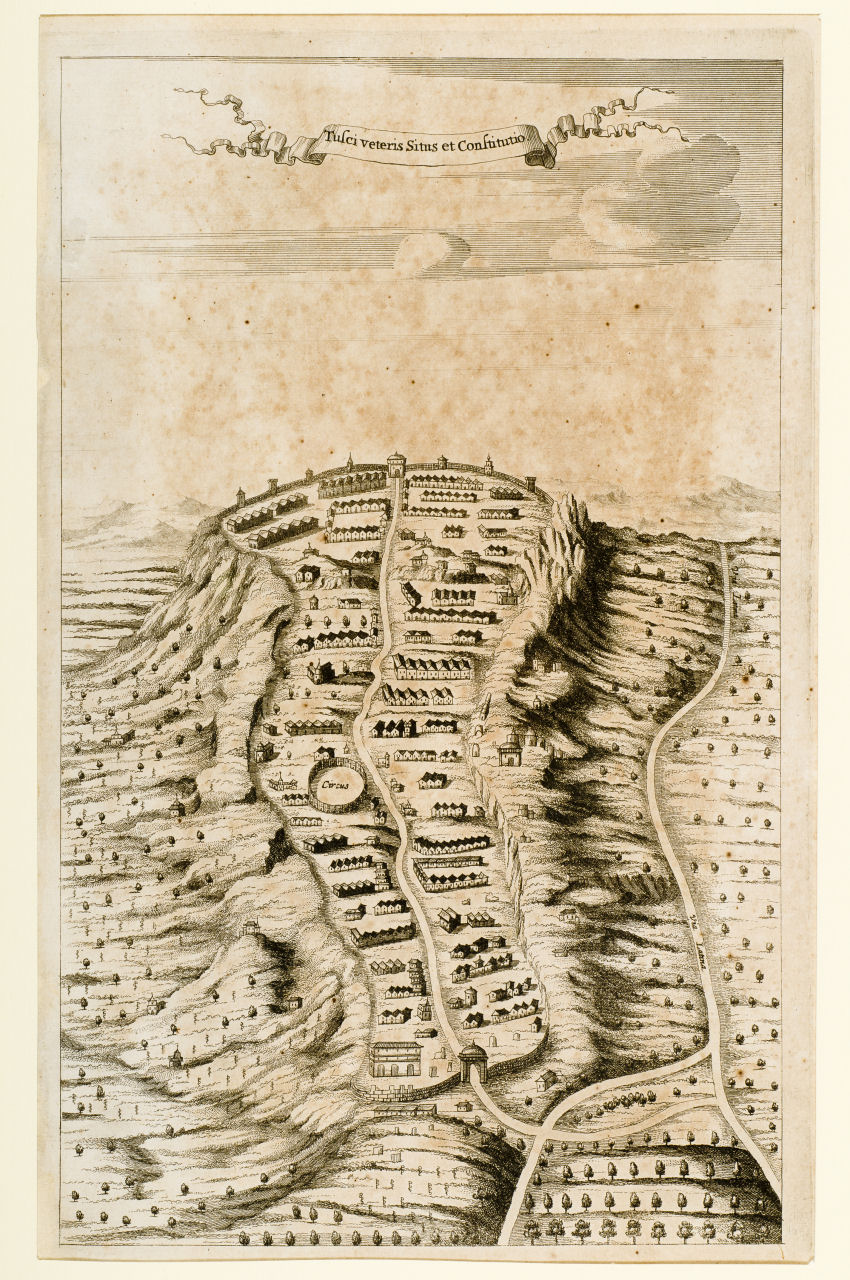 Veduta ideale dell'antica città di Tusculum, Veduta ideale dell'antica città di Tusculum (stampa) di Kircher Athanasius (sec. XVII)