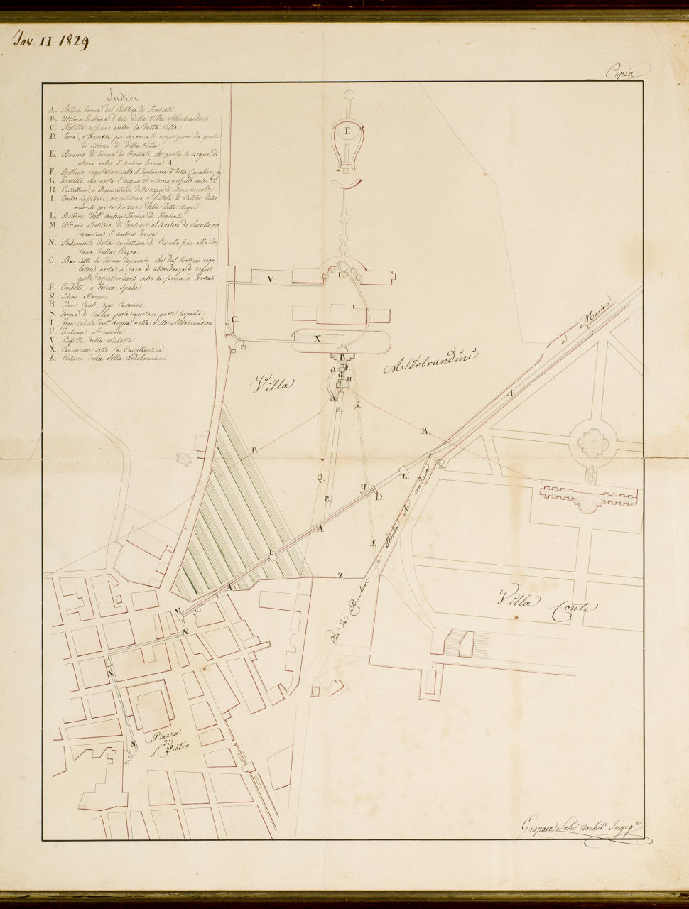 Copia della Planimetria del sistema delle condutture d'acqua di Villa Belvedere e delle adiacenze, Riproduzione, in copia, del sistema idrico della Villa Aldobrandini e del territorio circostante (china e acquerello su carta) di Salvi Gaspare (secondo quarto sec. XIX)