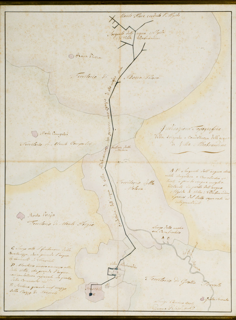 Indicazione Topografica della sorgente e conduttura dell'acqua di Villa Aldobrandini, Indicazione Topografica della sorgente e conduttura dell'acqua di Villa Aldobrandini (china e acquerello su carta) di Palazzi Giacomo, Canina Luigi (secondo quarto sec. XIX)