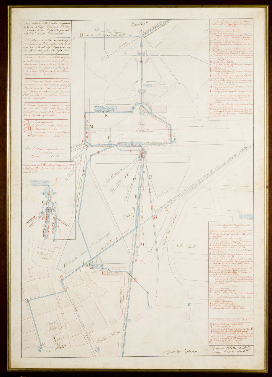 Copia estratta dalla Pianta Originale data dai sott.i Sig.ri Ingegneri Palazzi e Canina li 26 luglio 1831 per parte dell'Ecc.ma Casa Aldobrandini, Copia della planimetria che riproduce l'evoluzione ed il riattamento dell'acquedotto Aldobrandini a Frascati (china e acquerello su carta) di Palazzi Giacomo, Canina Luigi (secondo quarto sec. XIX)