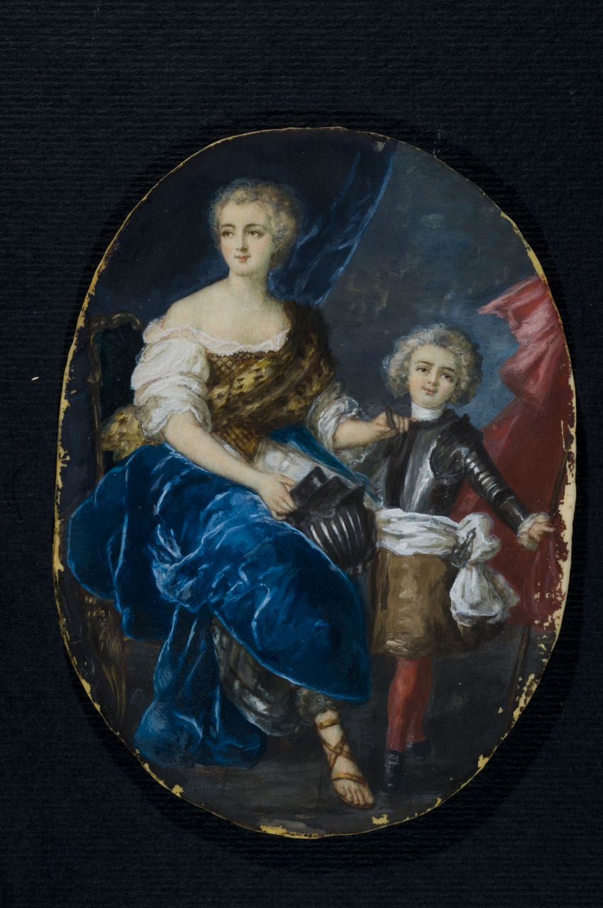 Mademoiselle de Lambesc in veste di Minerva, nell'atto di vestire suo fratello il conte di Brionne, Mademoiselle de Lambesc e il conte di Brionne (miniatura su avorio) - ambito francese (metà/ inizio XVIII/XIX)