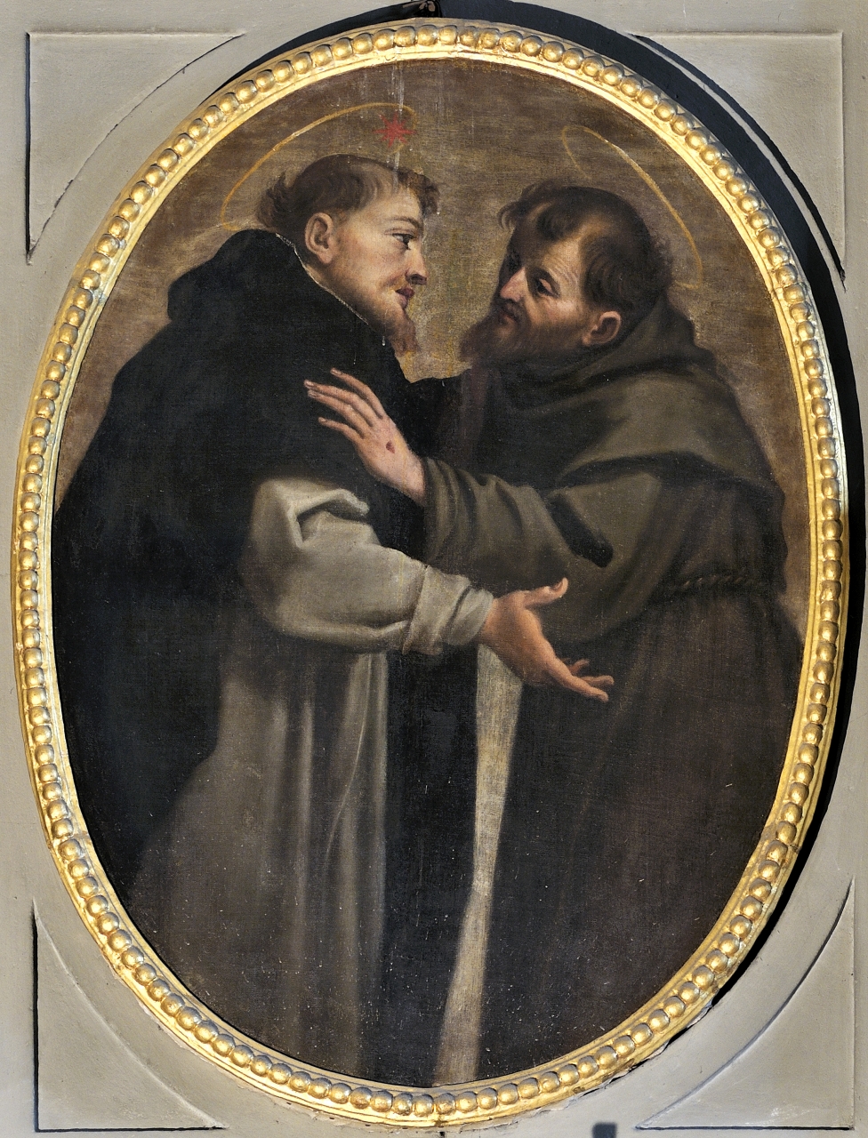 incontro tra San Francesco e San Domenico (dipinto) di Boschi Fabrizio (attribuito) (sec. XVI)