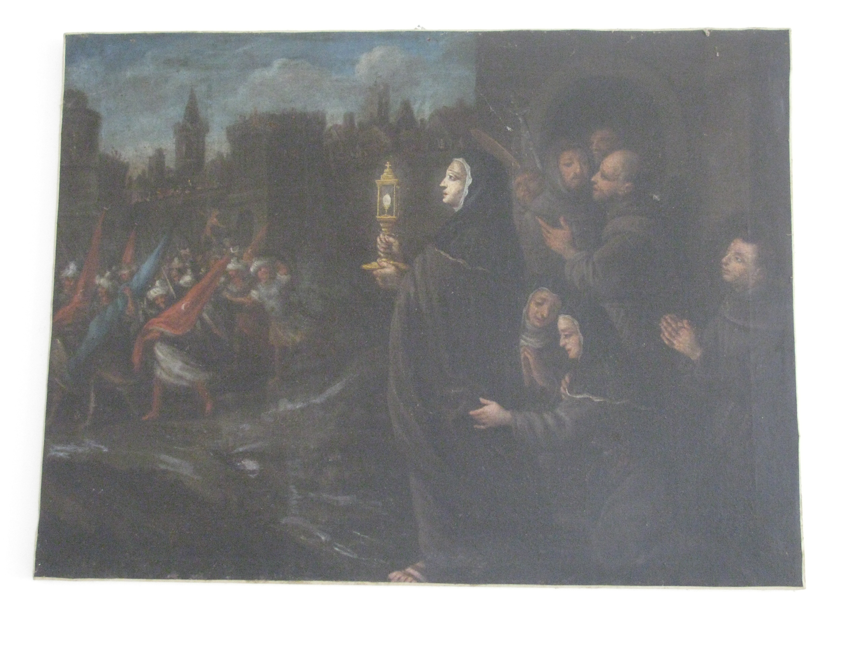Santa Chiara respinge i Saraceni con l'ostensorio (dipinto) - ambito marchigiano (primo quarto sec. XVII)