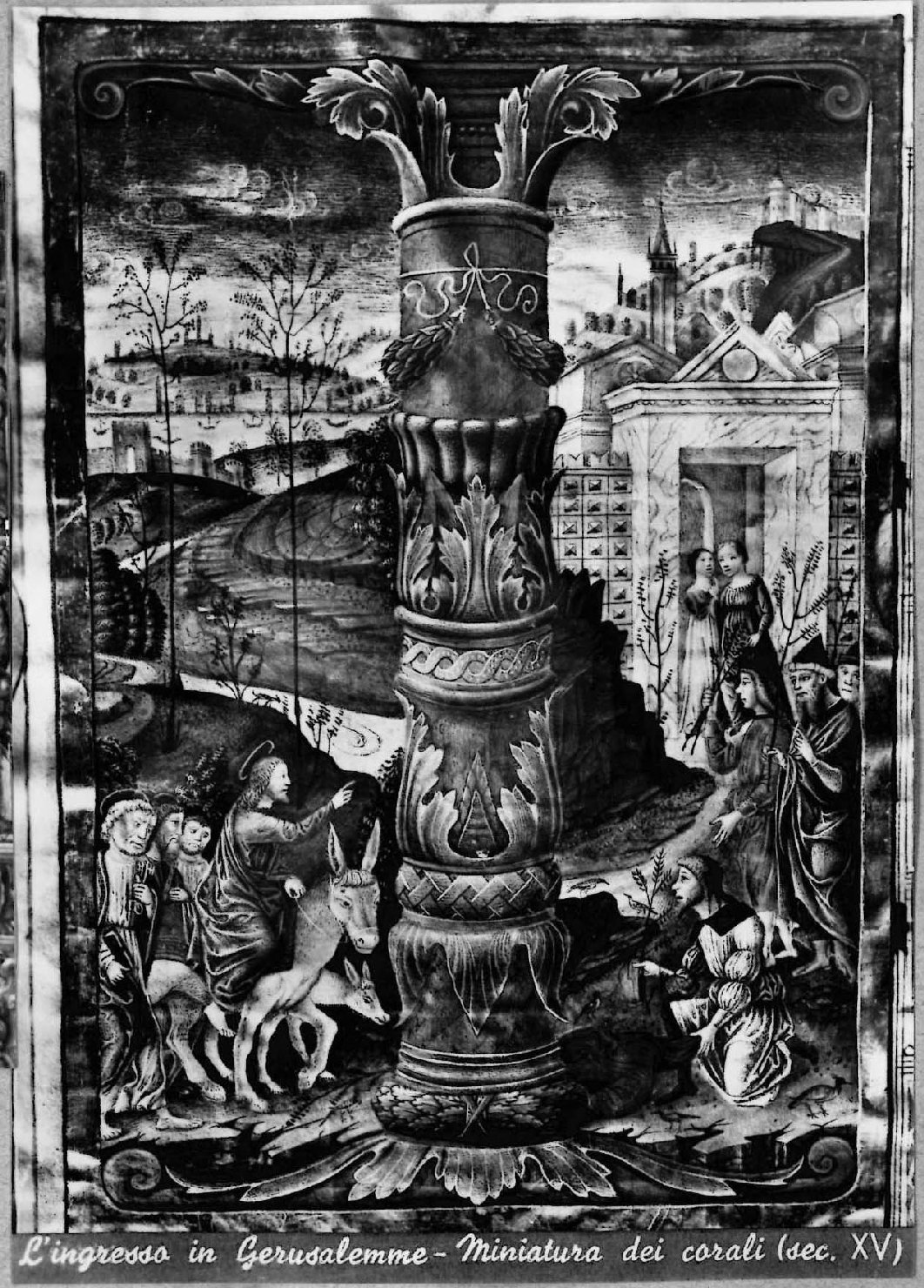 Manoscritti – Corali miniati - Capolettera <Ingresso a Gerusalemme> Cremona (positivo) di Fazioli, Ernesto (studio) (XX)