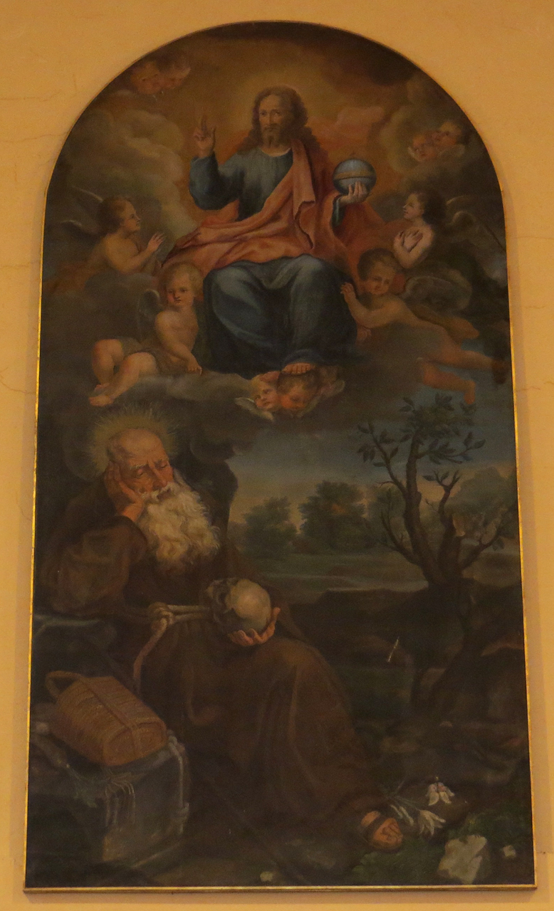 Cristo benedicente sorretto da angeli con il beato Bernardo da Offida (dipinto) - ambito italiano (sec. XVIII)