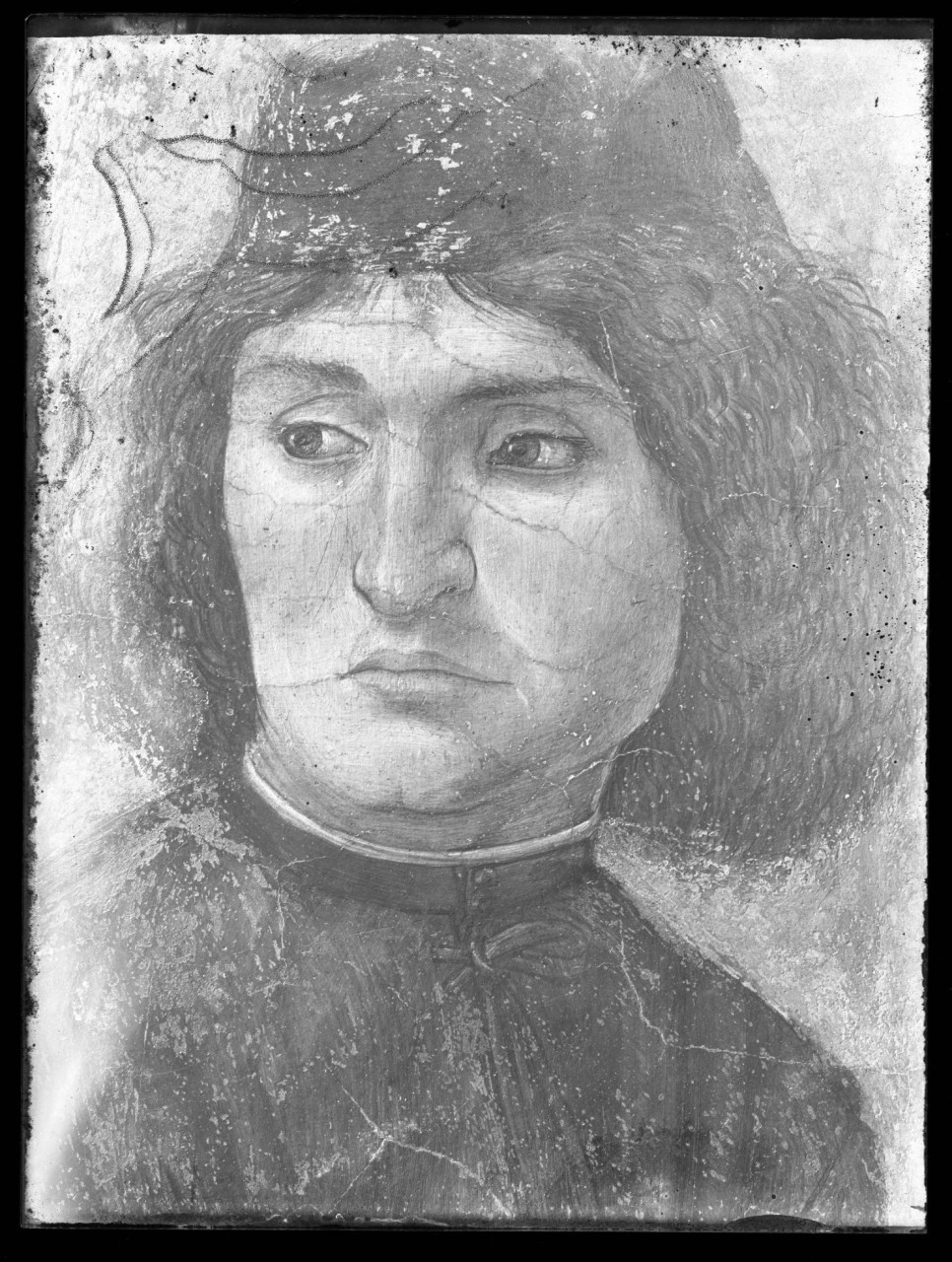 Ritratto d'uomo; particolare del volto; olio su tegola (negativo) di Botticelli (maniera), Vermehren, Augusto (seconda metà XX)