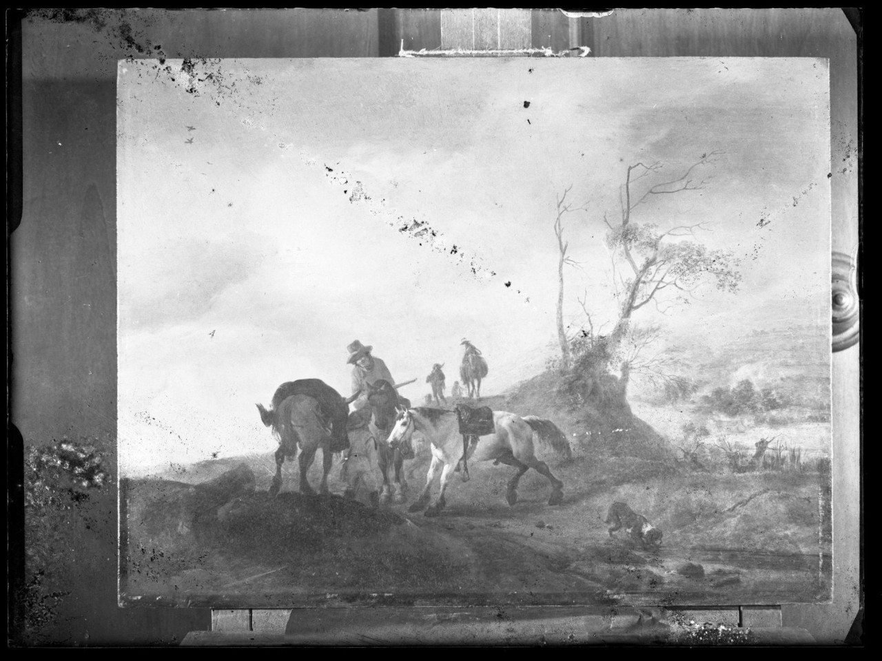 Paesaggio con cacciatori; olio su tela; P. Wouwerman (negativo) di Wouverman Philips, Vermehren, Augusto (prima metà XX)