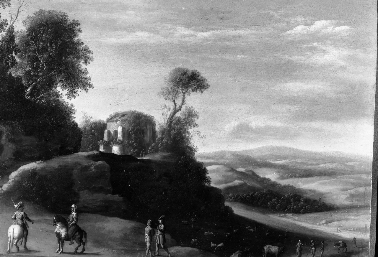 Paesaggio con rovine antiche e viandanti; olio su rame; Poelenburgh (negativo) di Poelenburgh Cornelis van, Vermehren, Augusto (terzo quarto XX)