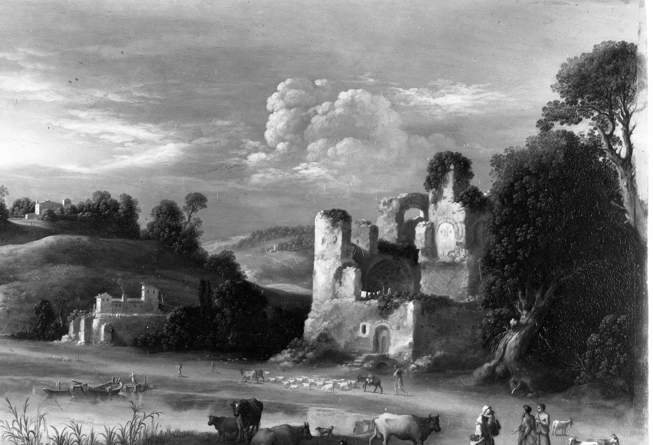 Paesaggio lacustre con rovine e pastori; olio su rame; Poelenburgh (negativo) di Poelenburgh Cornelis van, Vermehren, Augusto (terzo quarto XX)