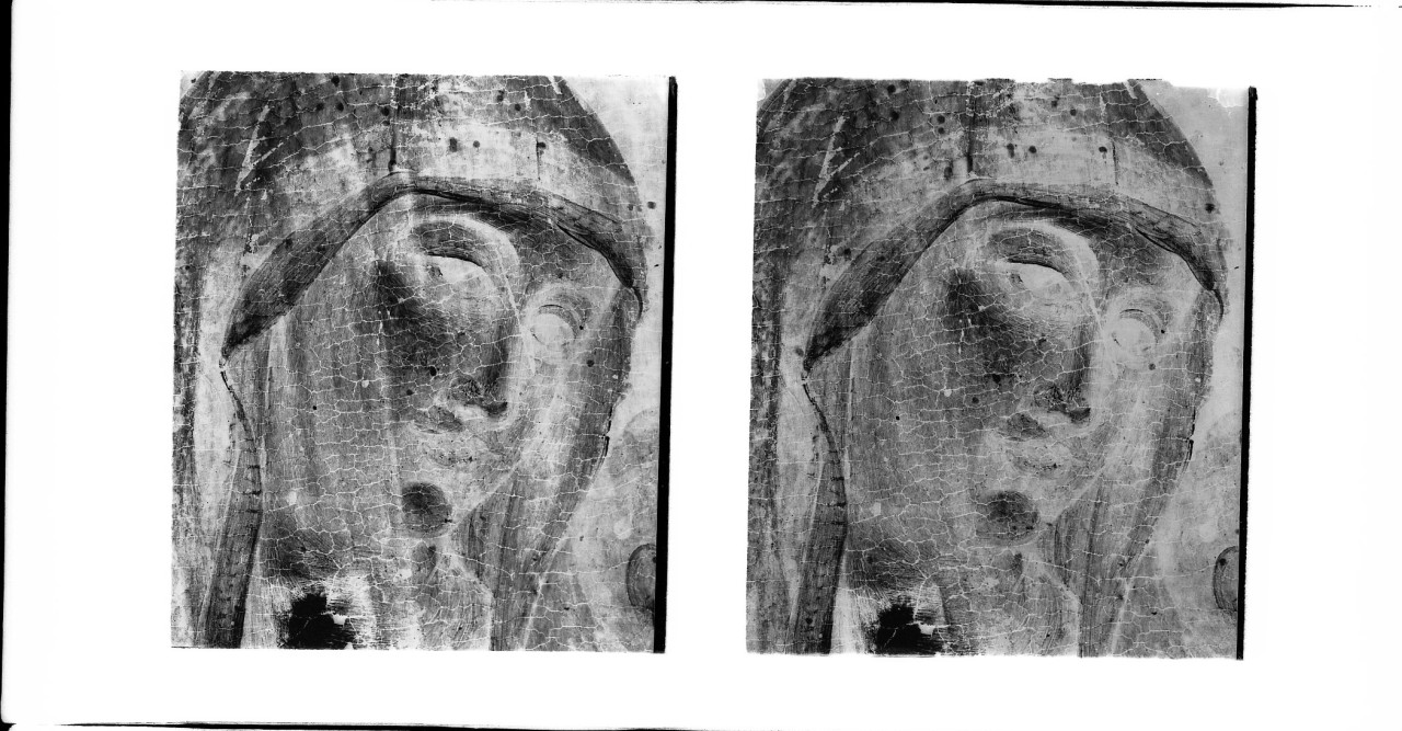 Madonna con Bambino; dipinto su tela; particolare del volto (negativo) di Vermehren, Augusto - ambito toscano (XX)