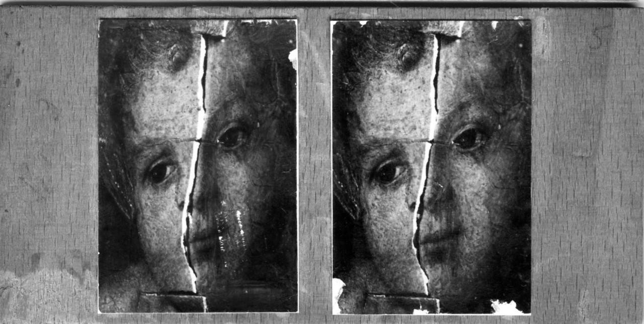 Dettaglio del volto di Gesù Bambino; tavola dipinta (positivo) di Vermehren, Augusto (XX)