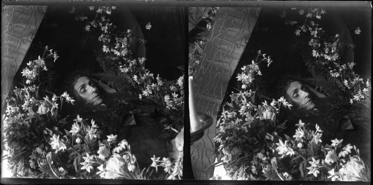 Margherita Papini sul letto di morte circondata da fiori; ripresa laterale (negativo) di Vermehren, Otto (inizio XX)