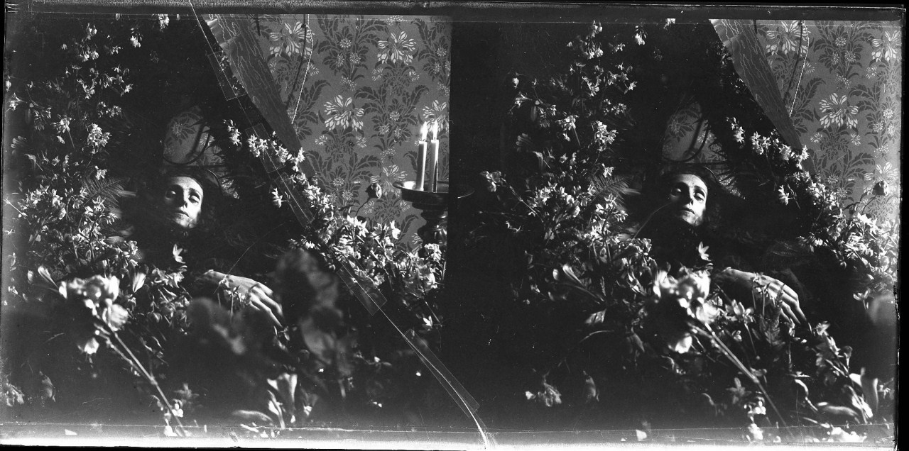 Margherita Papini sul letto di morte circondata da fiori; ripresa frontale (negativo) di Vermehren, Otto (inizio XX)