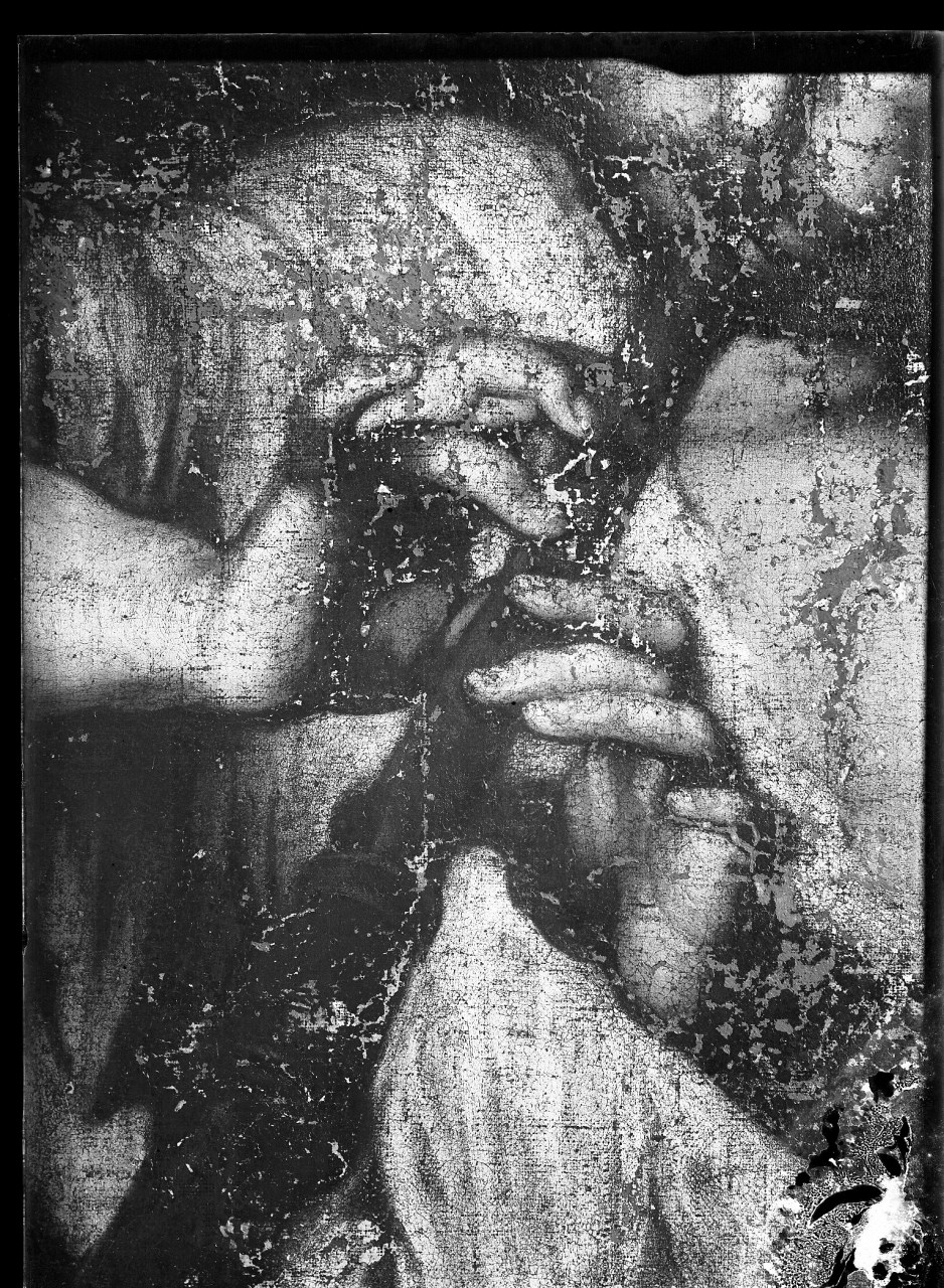 Concerto; dettaglio delle mani del suonatore di flauto; dipinto su tela (negativo) di Caravaggio (maniera), Vermehren, Augusto (prima metà XX)