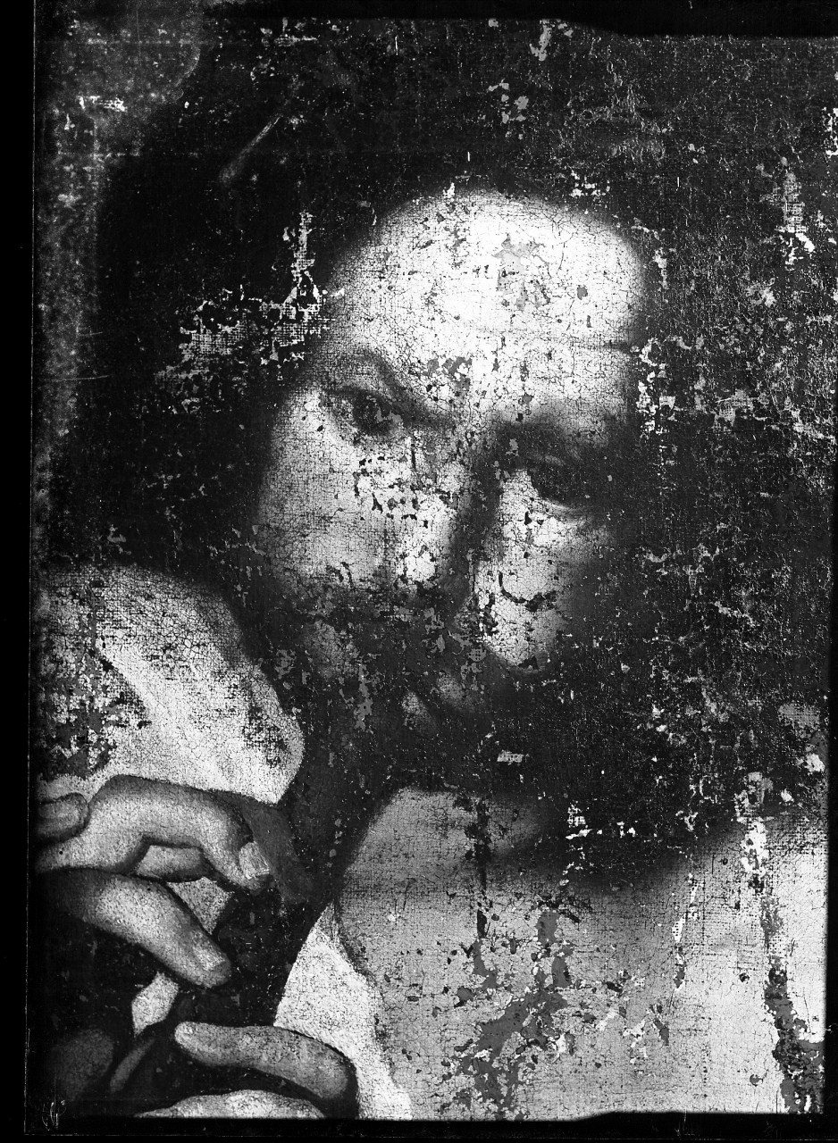 Concerto; dettaglio di suonatore di flauto; dipinto su tela (negativo) di Caravaggio (maniera), Vermehren, Augusto (prima metà XX)