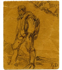 Soldato con zaino; studi di uomo con baffi (disegno) di Camona Giuseppe - ambito Italia settentrionale (primo quarto XX)