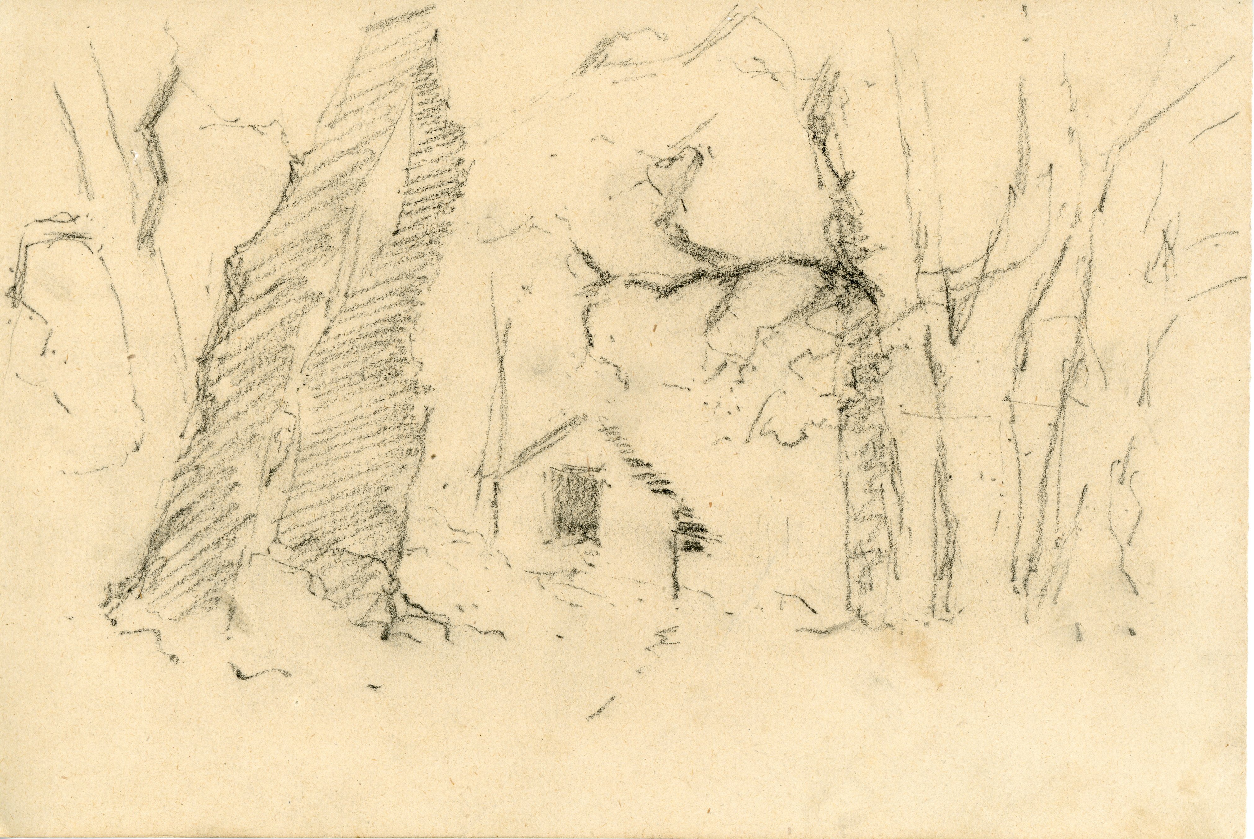 Casetta nel bosco; studio di volto (disegno) di Tominetti, Achille - ambito italiano (fine/ inizio XIX/ XX)