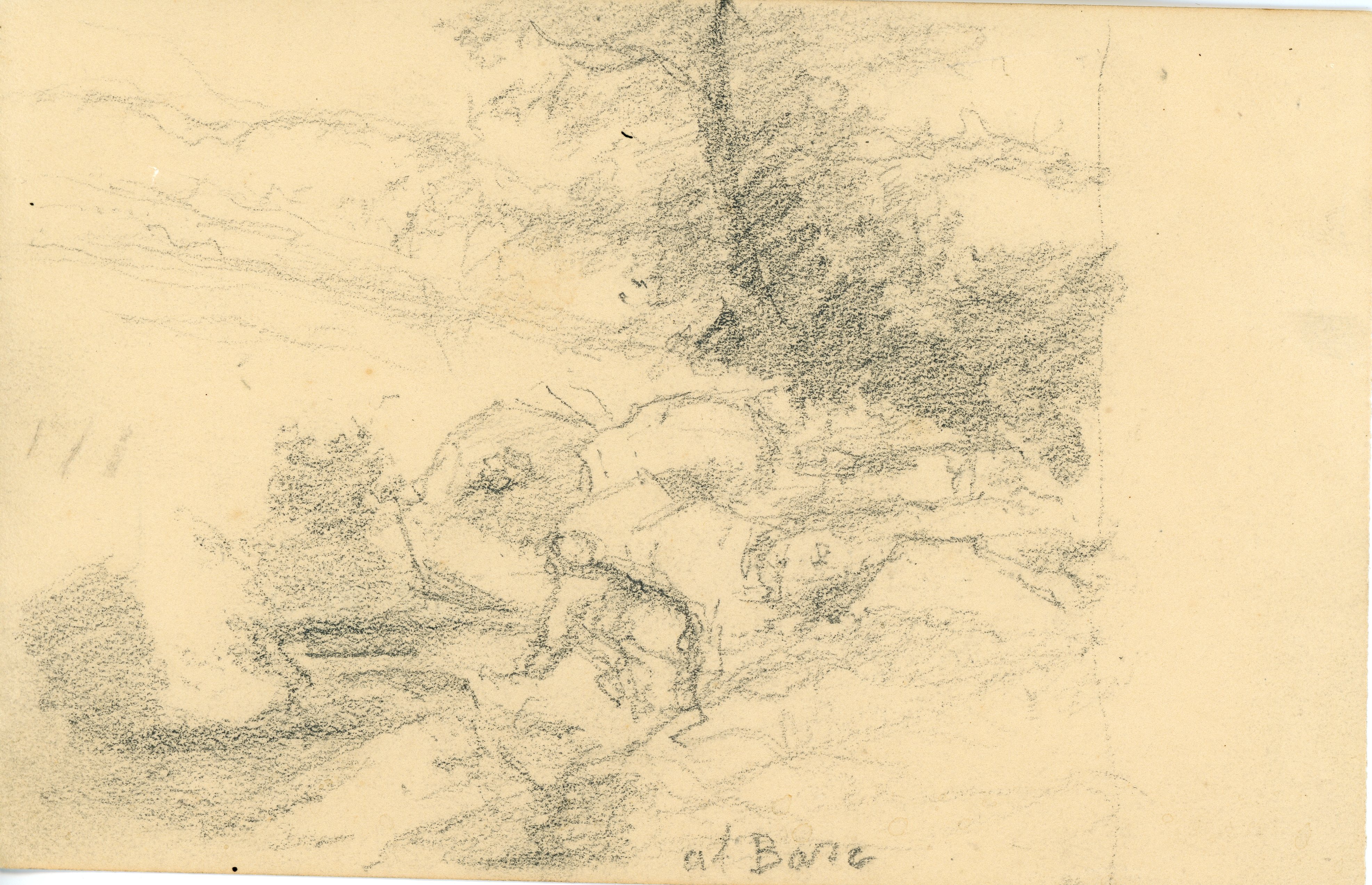 al Baro (?), Figura umana china su un torrente (disegno) di Tominetti, Achille - ambito italiano (fine/ inizio XIX/ XX)