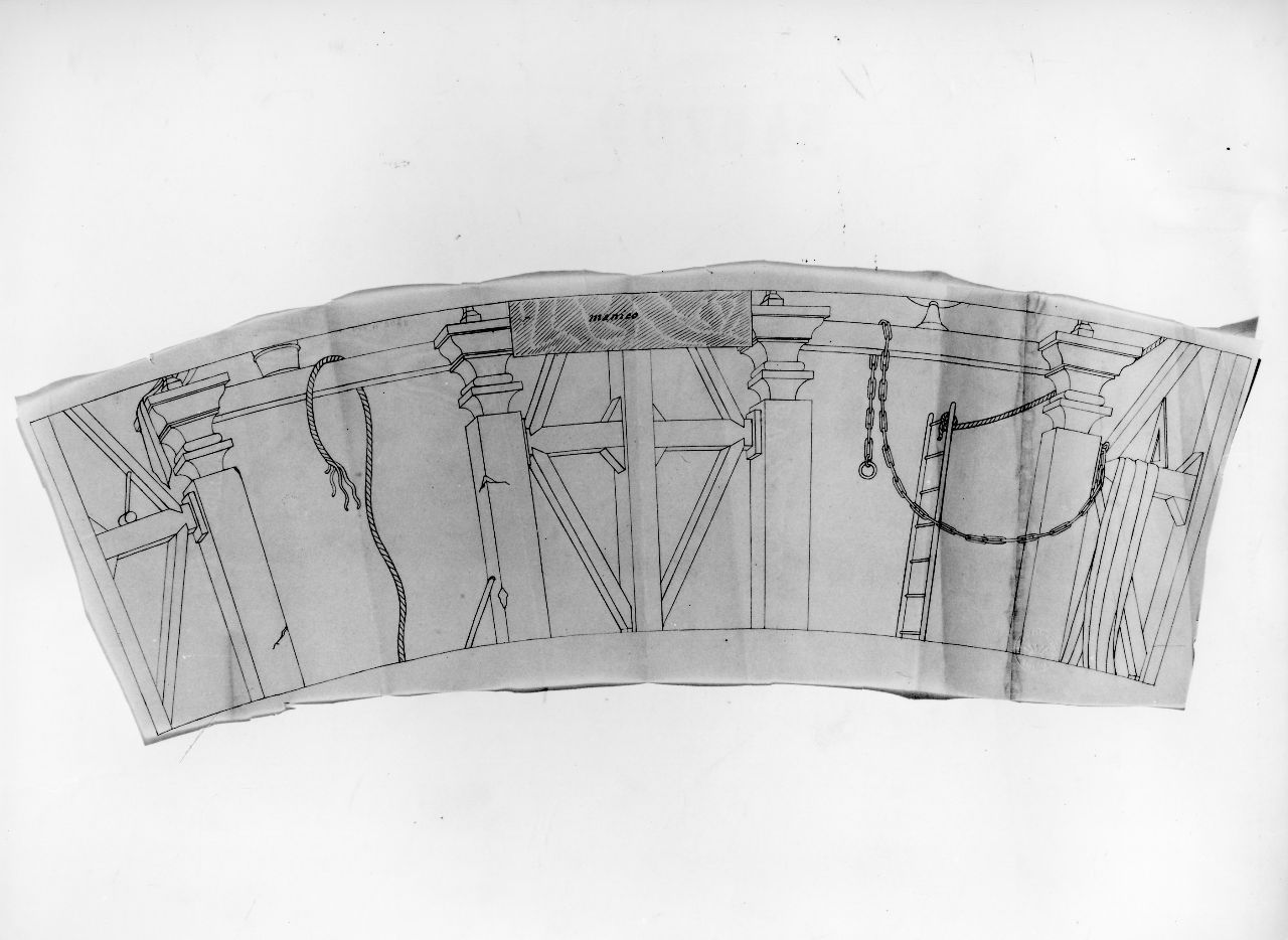 La casa degli efebi operosi e neghittosi, corde, catena, architetture e altro (disegno) di Ponti Giovanni (sec. XX)