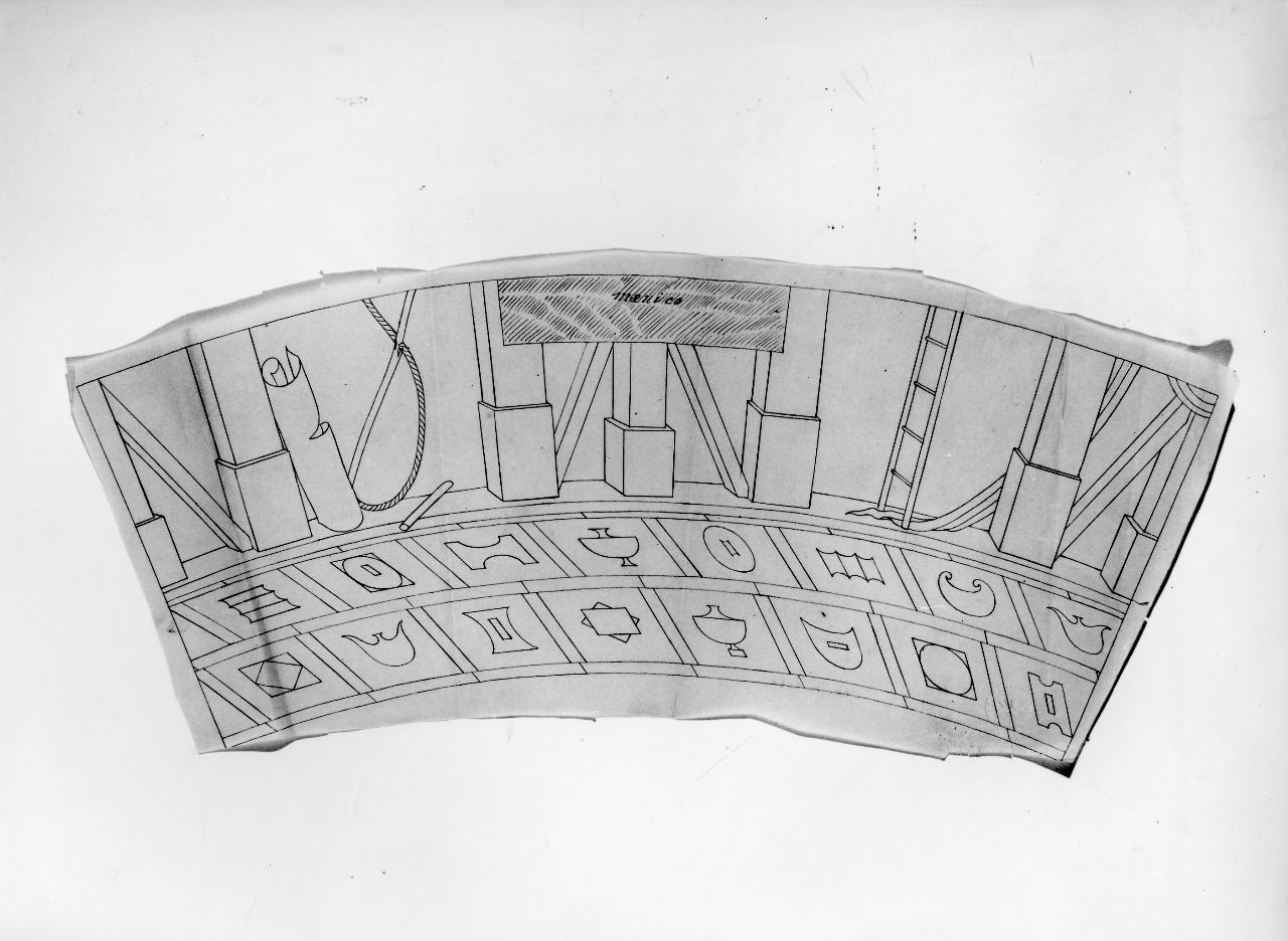 La casa degli efebi operosi e neghittosi, architetture, scala, motivi decorativi e altro (disegno) di Ponti Giovanni (sec. XX)