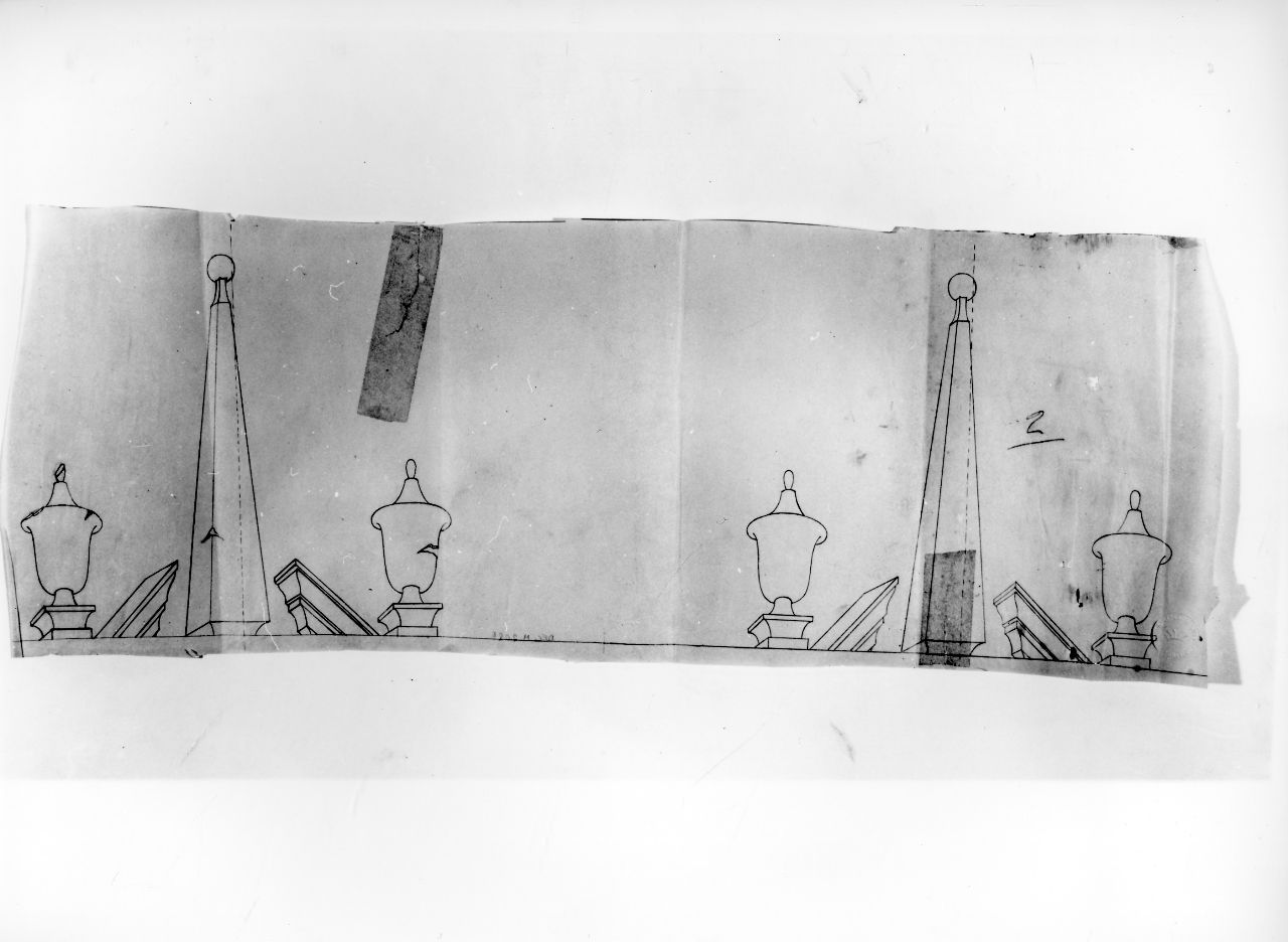 La casa degli efebi operosi e neghittosi, vasi, obelisco e cornici (disegno) di Ponti Giovanni (sec. XX)