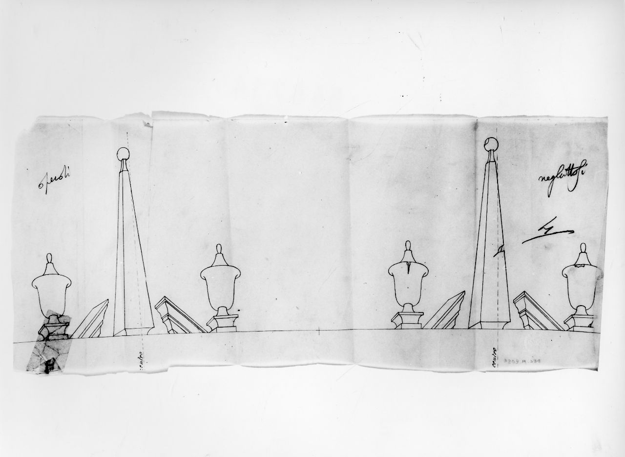 La casa degli efebi operosi e neghittosi, vasi, obelischi e cornici (disegno) di Ponti Giovanni (sec. XX)