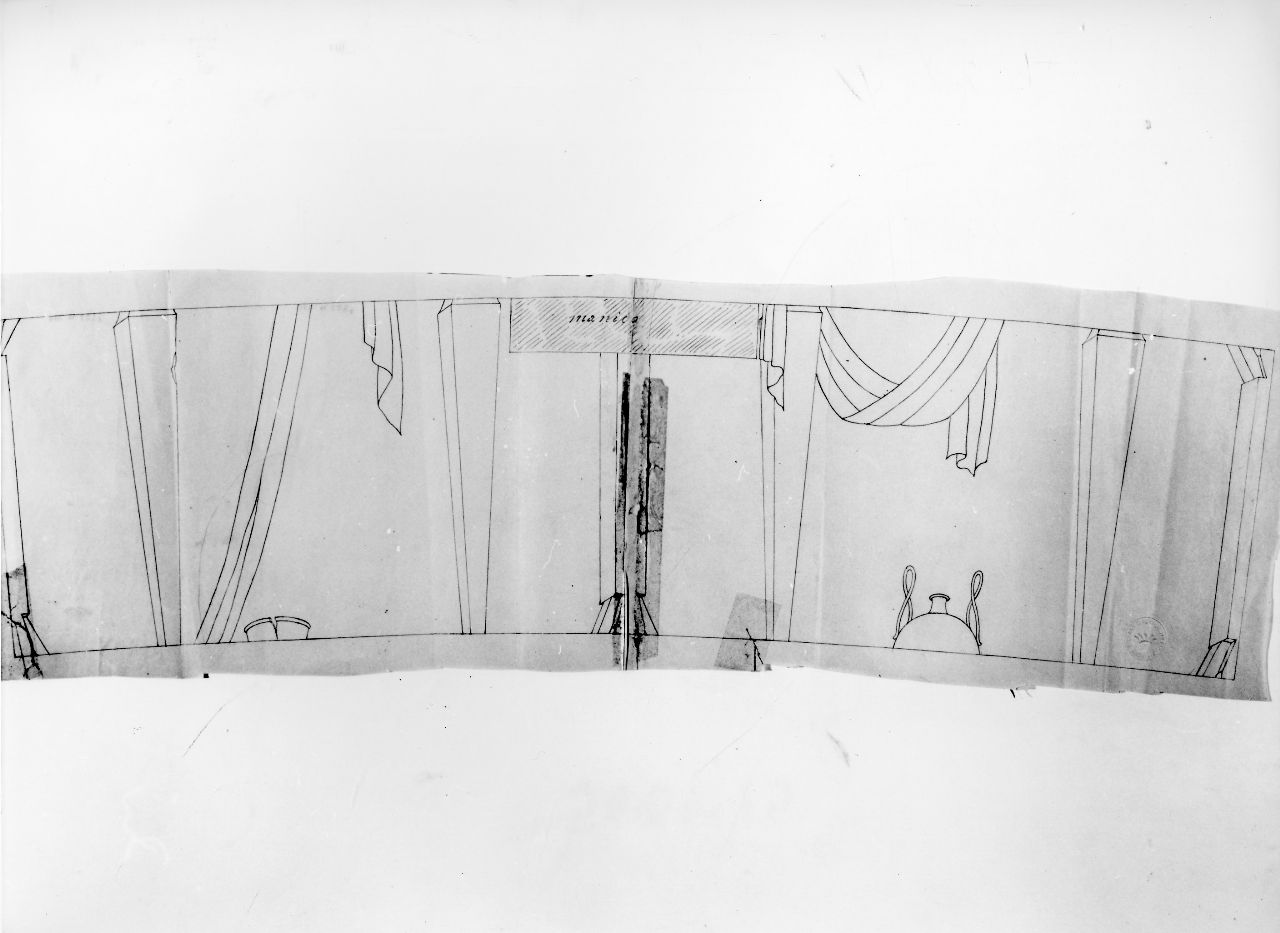 La casa degli efebi operosi e neghittosi, drappi, architetture e vasi (disegno) di Ponti Giovanni (sec. XX)