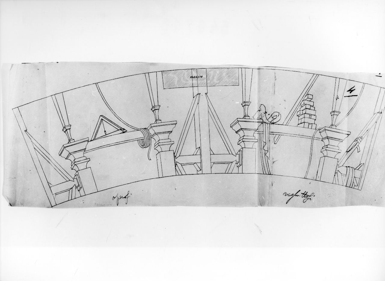 La casa degli efebi operosi e neghittosi, architettura, mattoni, squadra a piombo e altro (disegno) di Ponti Giovanni (sec. XX)