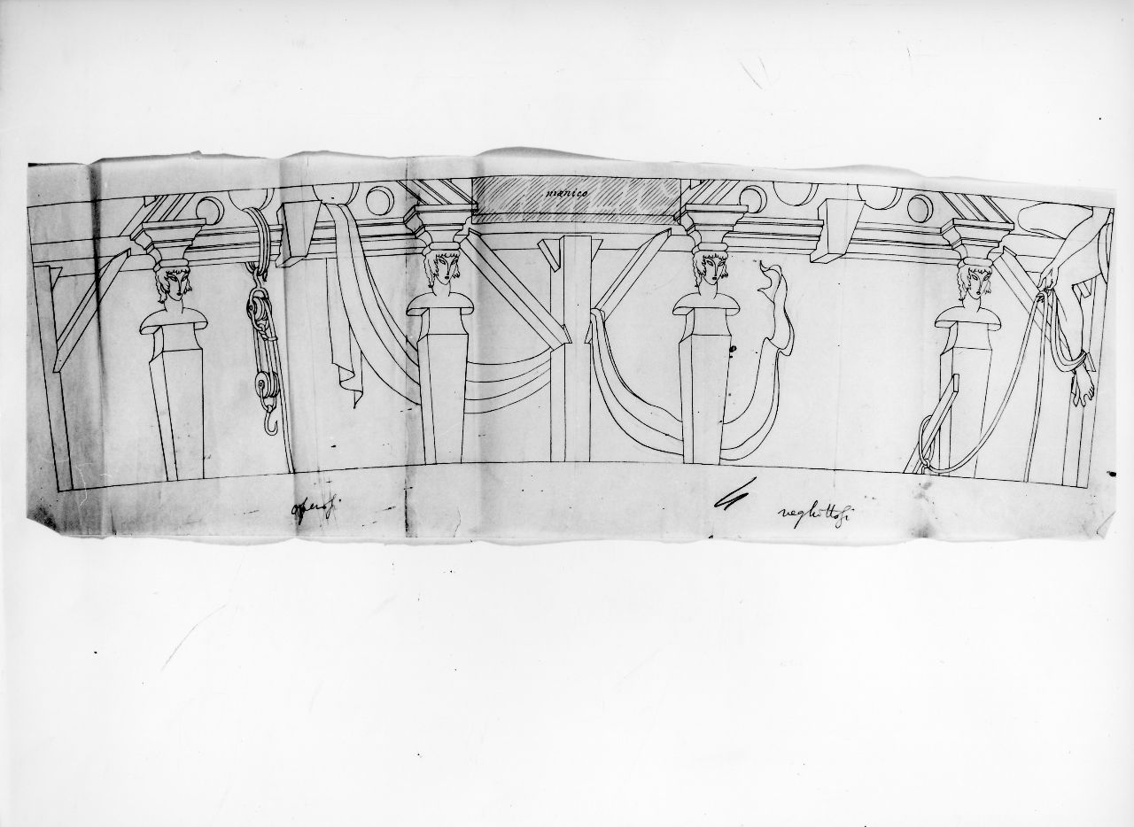 La casa degli efebi operosi e neghittosi, architettura carrucola e altro (disegno) di Ponti Giovanni (sec. XX)