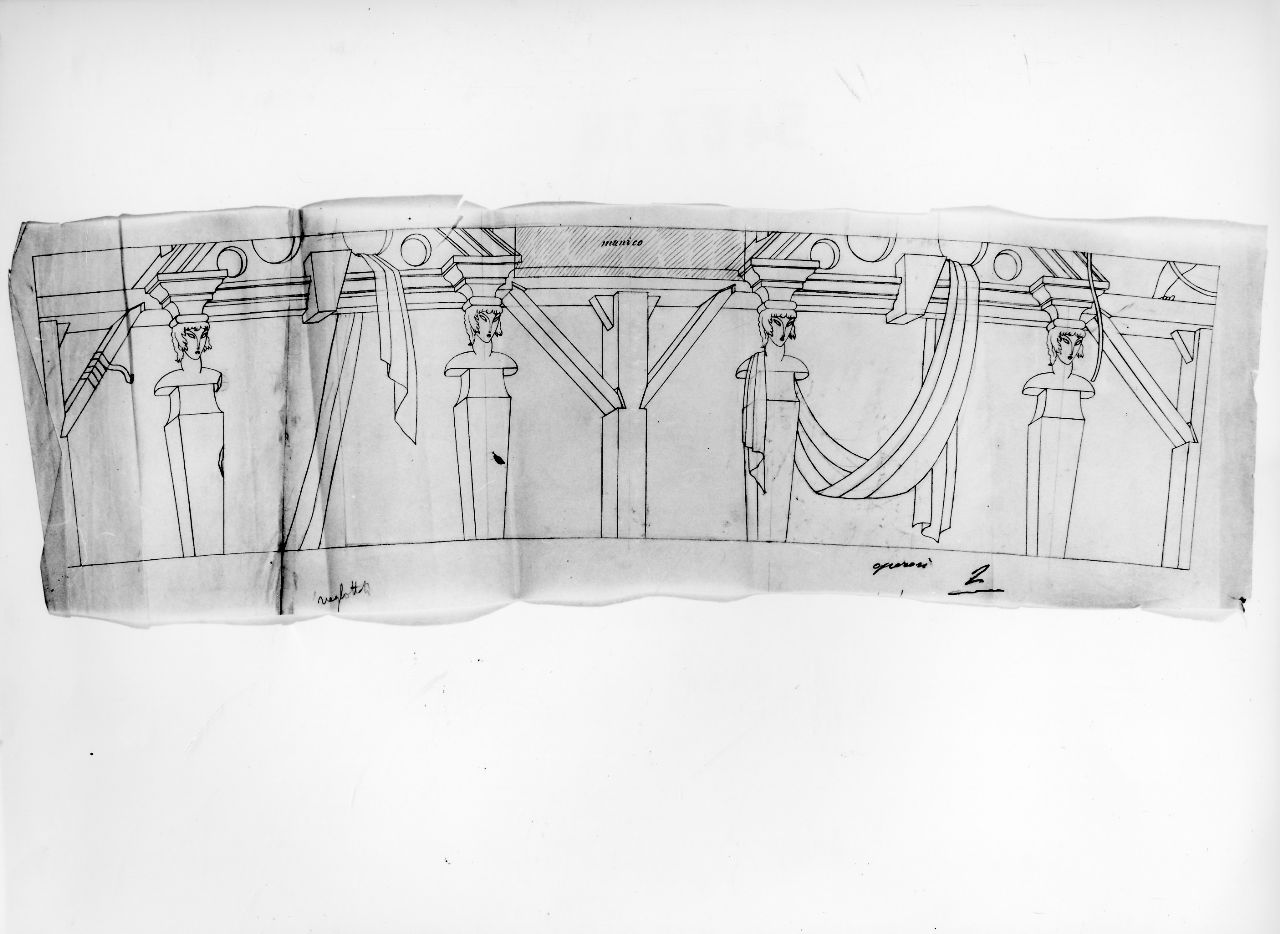 La casa degli efebi operosi e neghittosi, architettura con busti, cariatide e altro (disegno) di Ponti Giovanni (sec. XX)