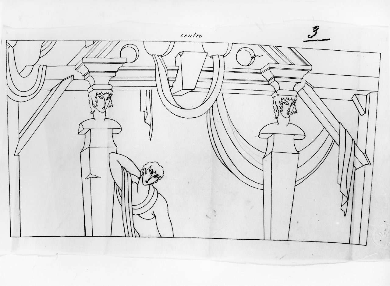 La casa degli efebi operosi e neghittosi, architettura, efebo e altro (disegno) di Ponti Giovanni (sec. XX)