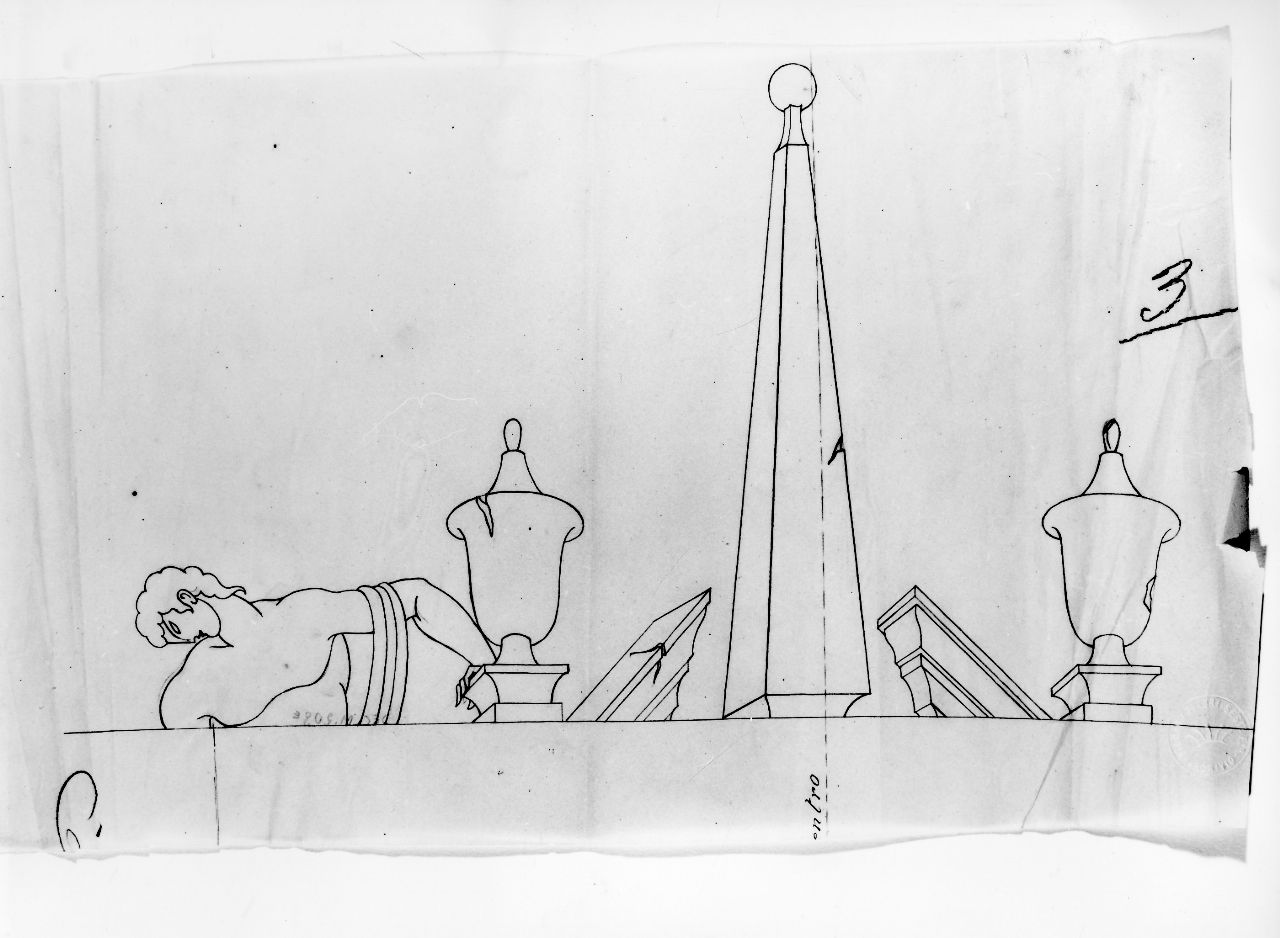 La casa degli efebi operosi e neghittosi, efebo, vasi, obelisco e cornici (disegno) di Ponti Giovanni (sec. XX)