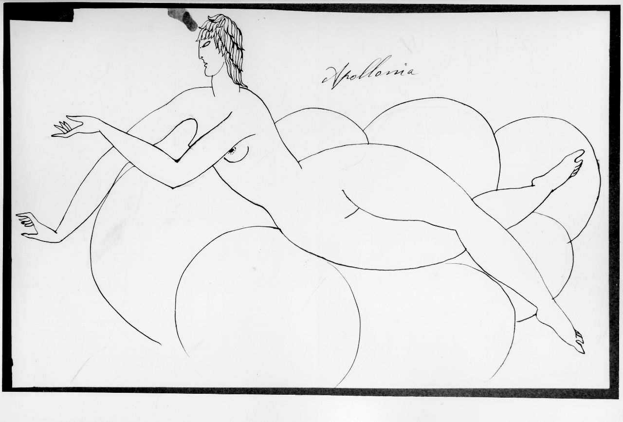 Apollonia, figura femminile nuda distesa su nubi (disegno preparatorio) di Ponti Giovanni (sec. XX)