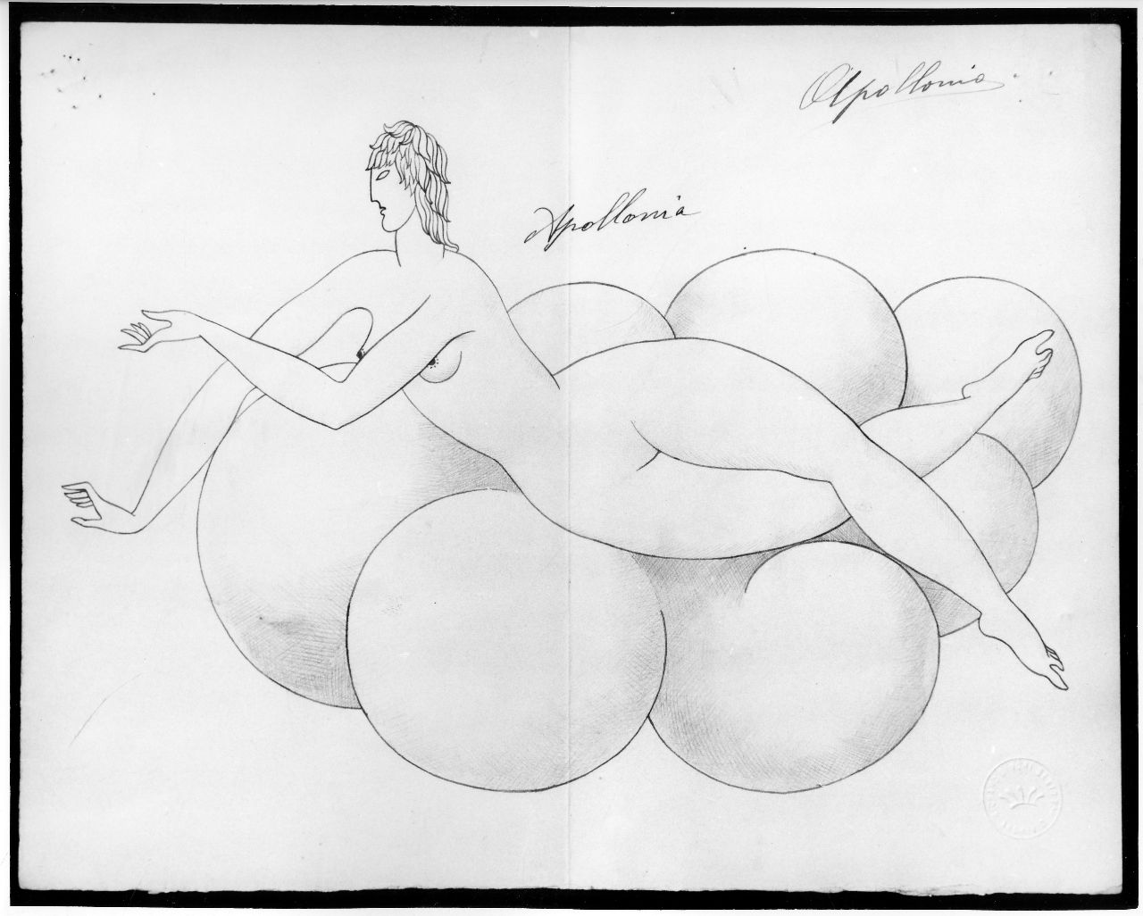 Apollonia, figura femminile nuda distesa su nubi (disegno preparatorio) di Ponti Giovanni (sec. XX)
