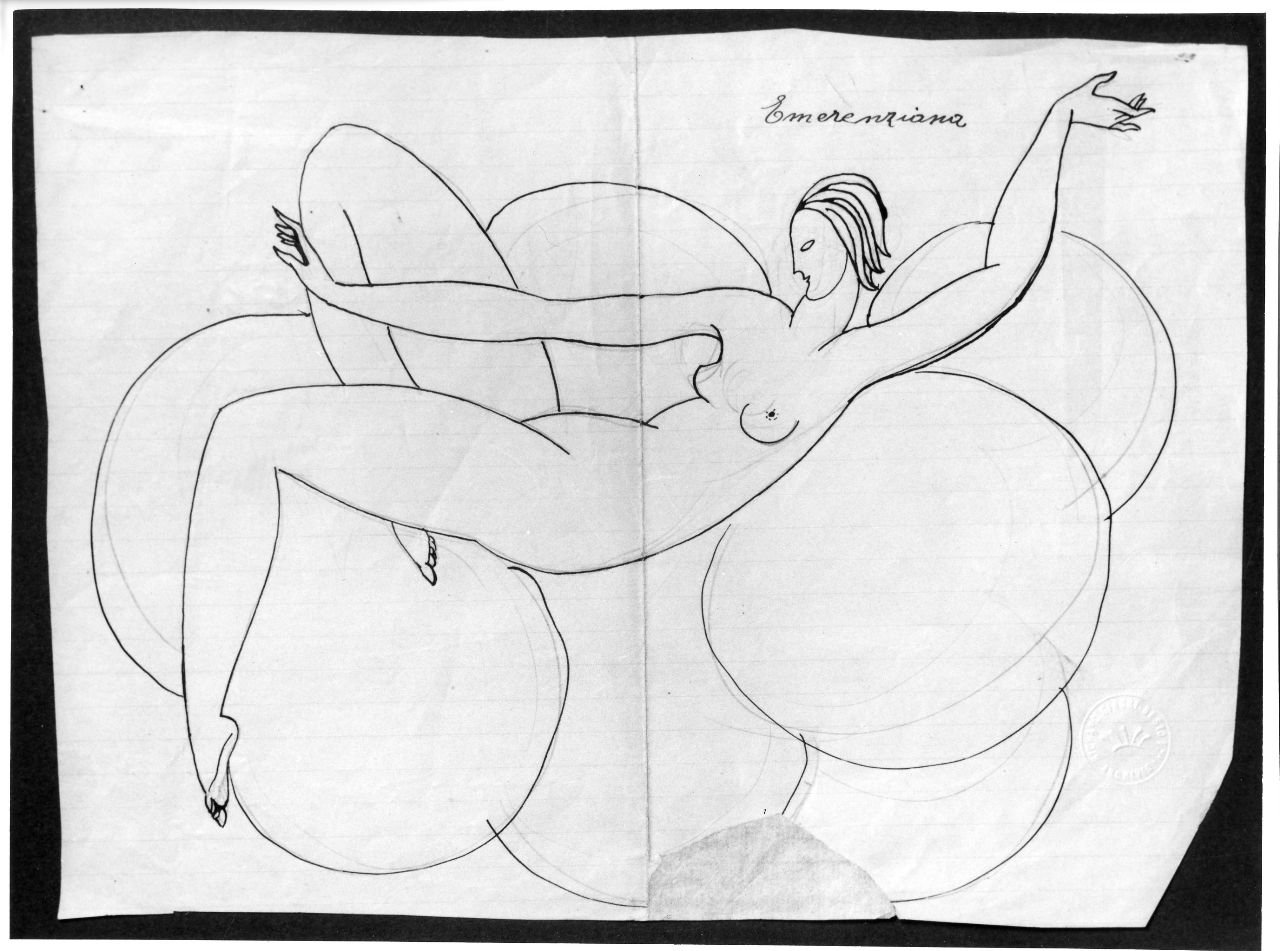 Emerenziana, figura femminile nuda distesa su nubi (disegno preparatorio) di Ponti Giovanni (sec. XX)