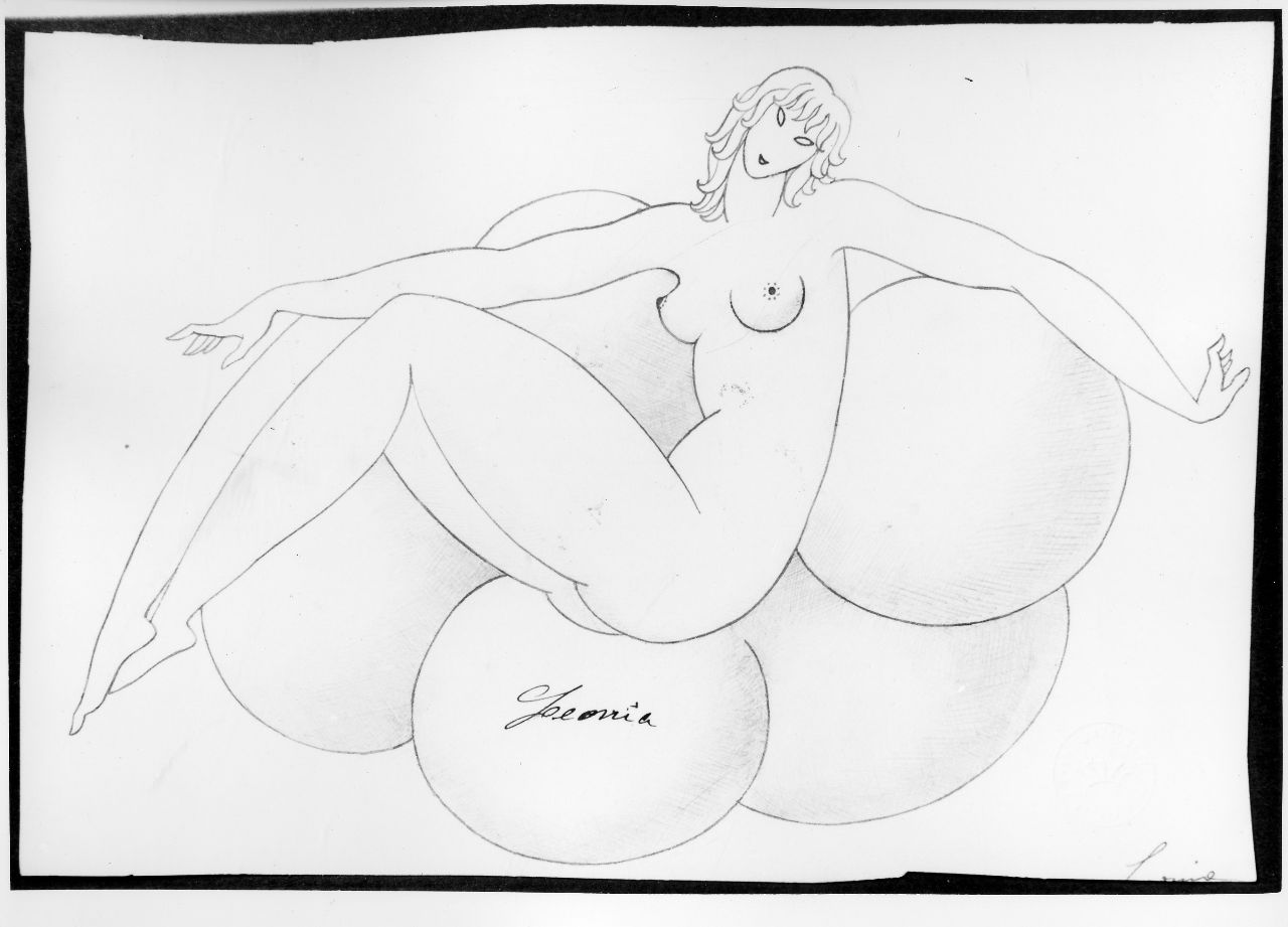 Leonia, figura femminile nuda su nubi (disegno preparatorio) di Ponti Giovanni (sec. XX)