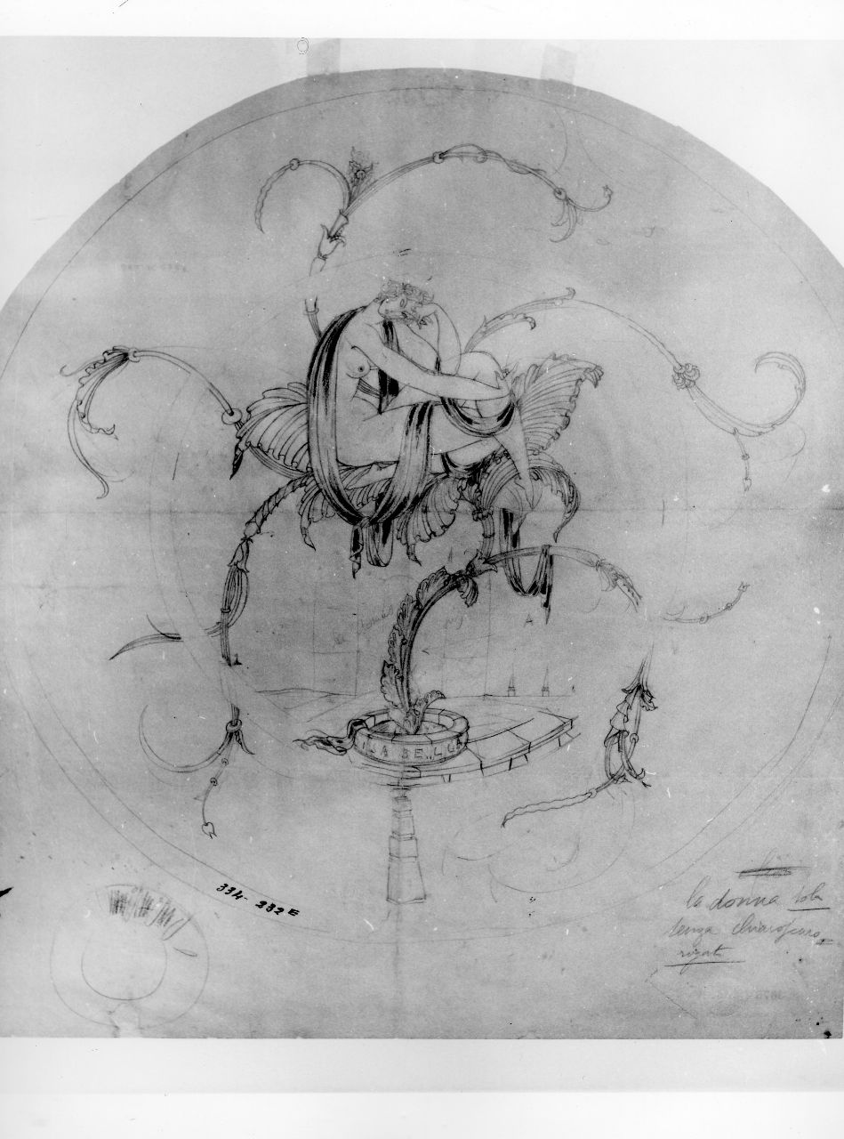 Isabella, figure femminili nude su fiori e fontana (disegno preparatorio) di Ponti Giovanni (sec. XX)