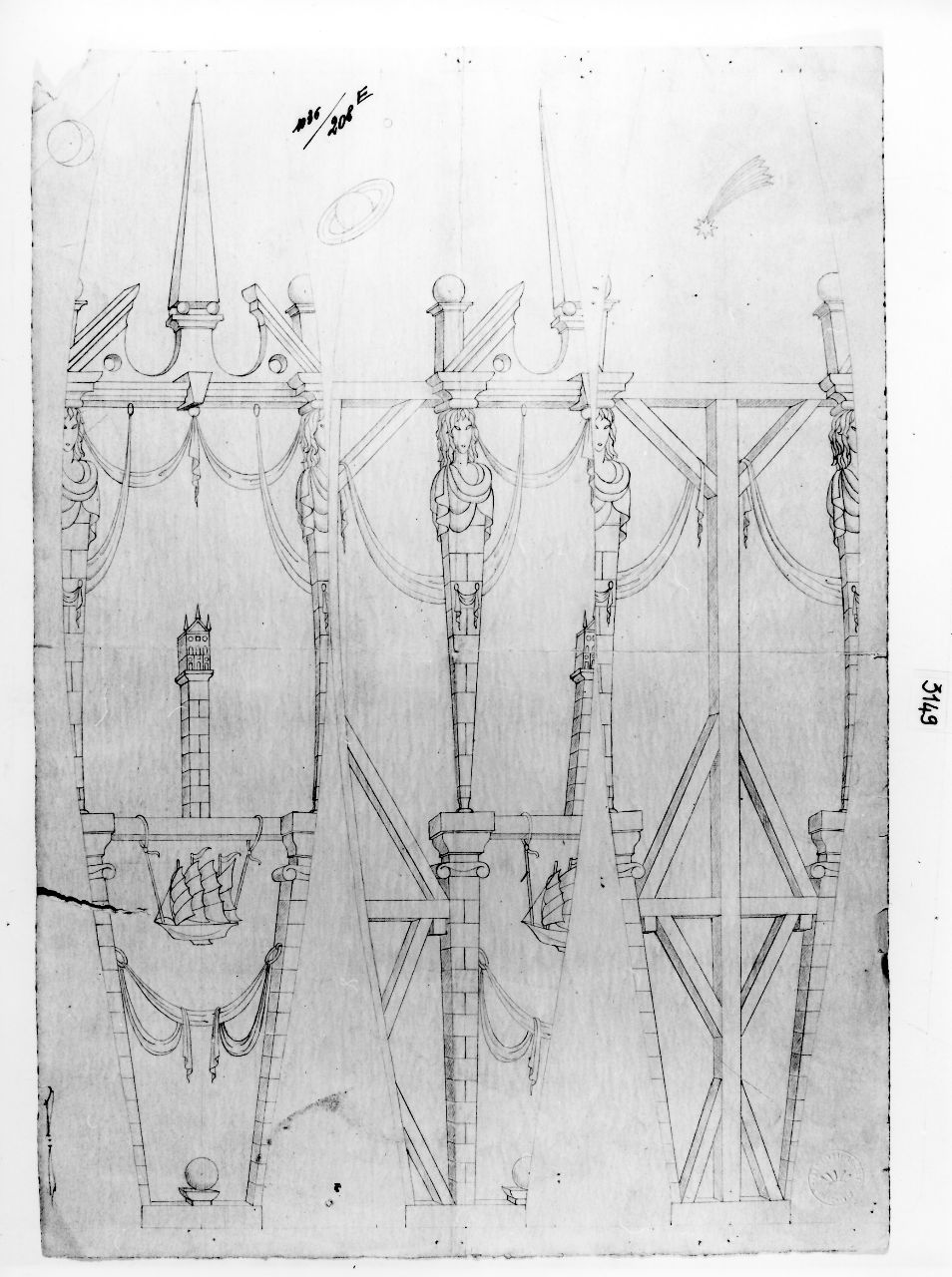 Architetture per le mie donne con fiori e altro, architettura (disegno preparatorio) di Ponti Giovanni (sec. XX)