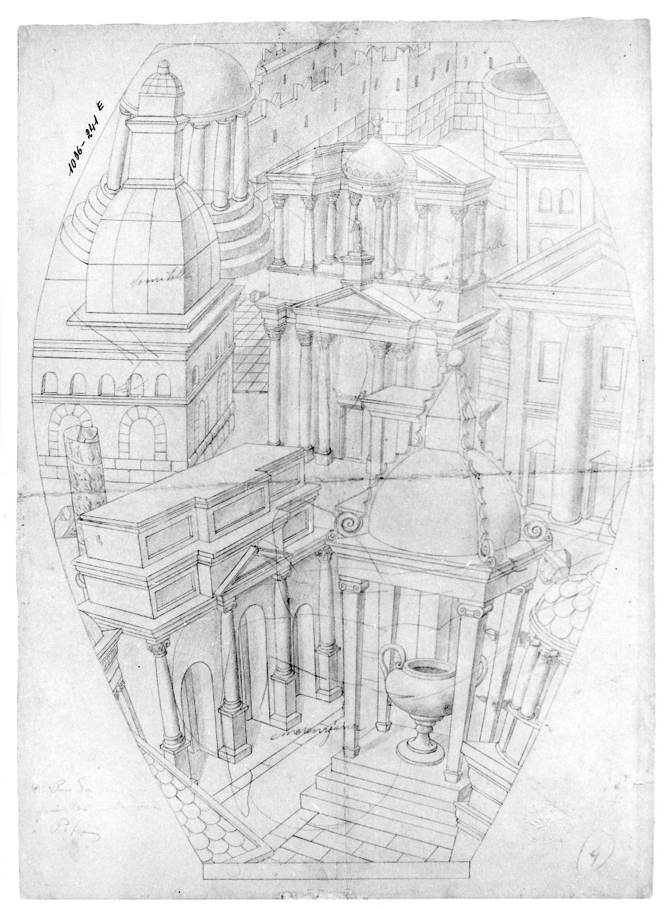 Architetture per il vaso delle donne e delle architetture, architetture (disegno preparatorio) di Ponti Giovanni (sec. XX)