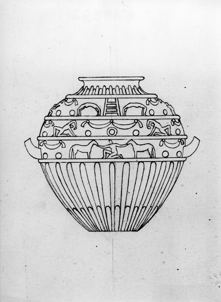 vaso con figure, cavalli, festoni e decorazioni disegno, 1924 - 1924