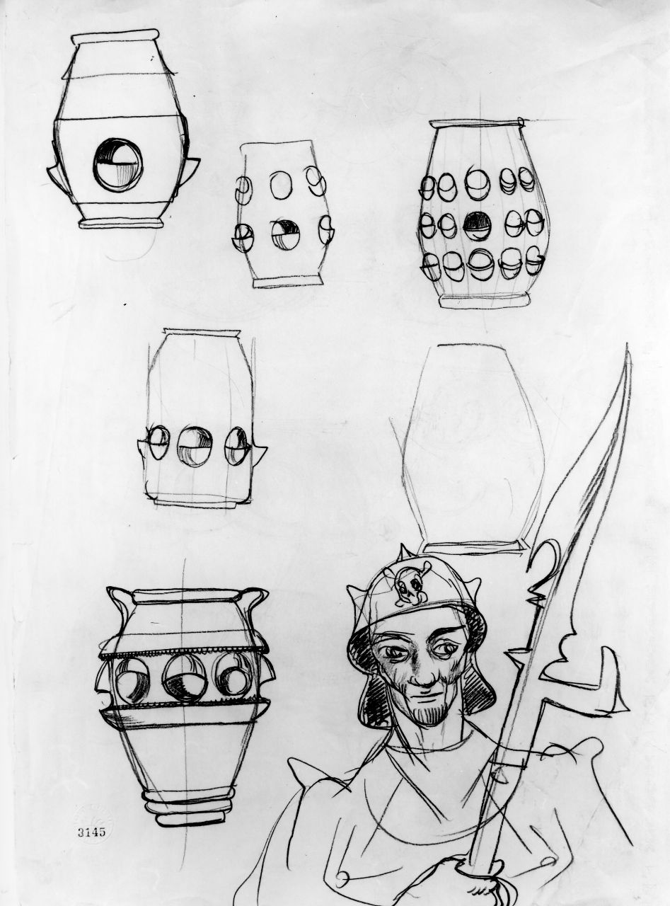 vasi, guerriero ed elementi decorativi (disegno) di Ponti Giovanni (sec. XX)
