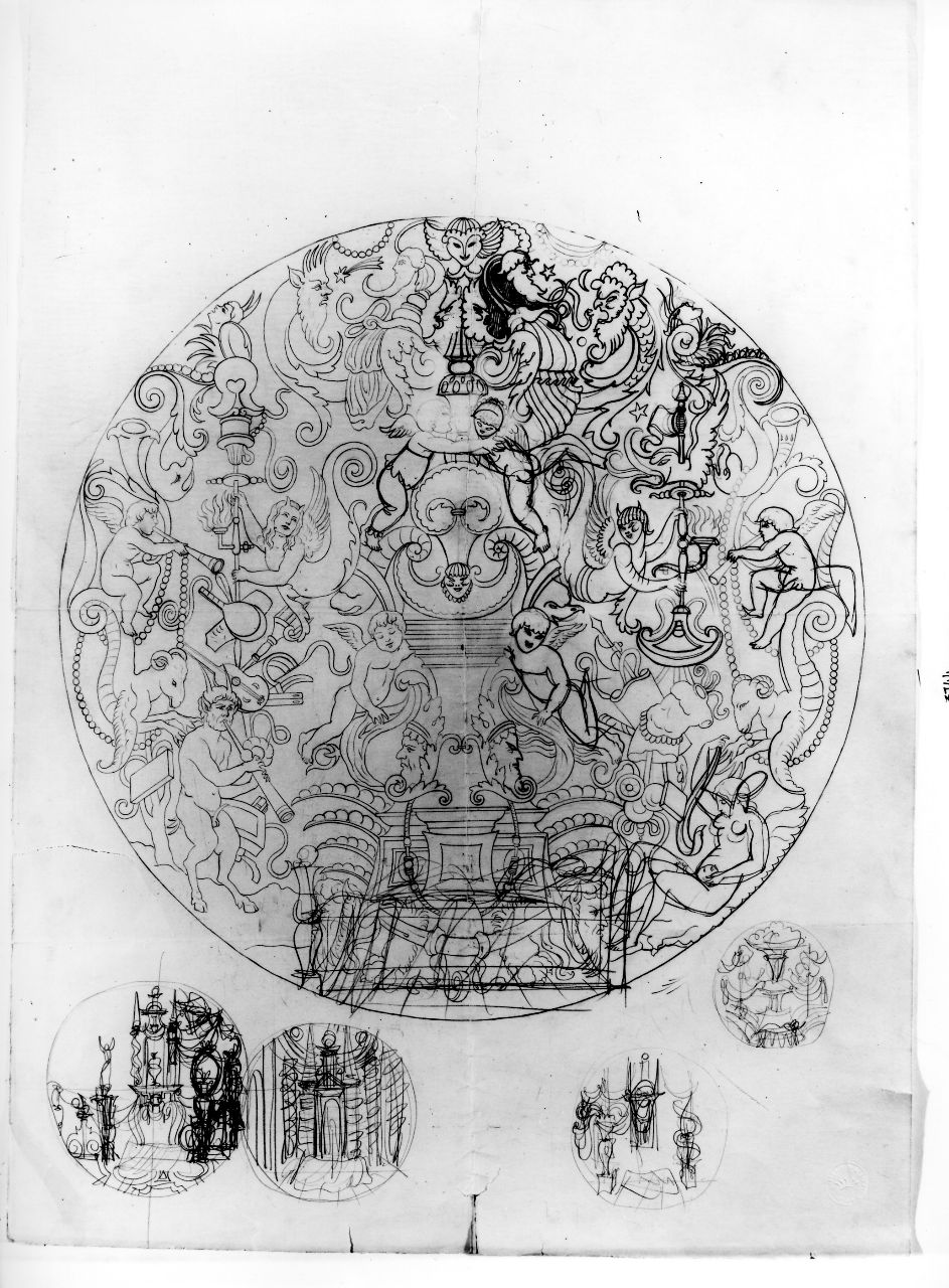 Pontesca, composizioni fantastiche per piattella con arme, putti, satiri e ninfe (disegno) di Ponti Giovanni (sec. XX)