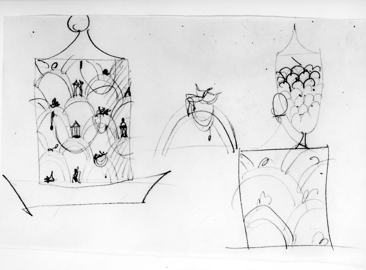 schizzi di vasi con motivi di architetture e figure fra semicerchi, tendaggi a corde (disegno) di Ponti Giovanni (sec. XX)