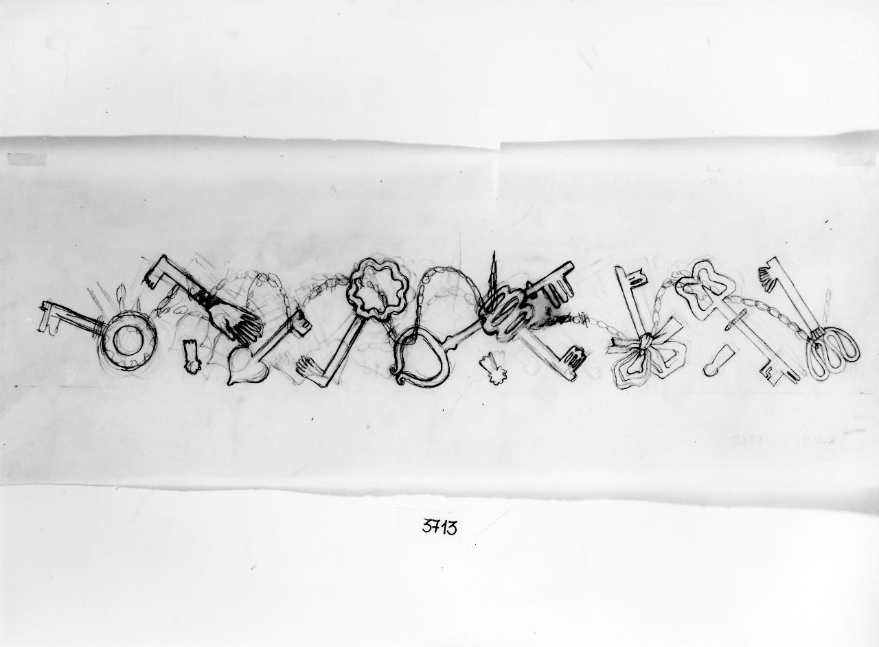 chiavi fantasiose con catenella e altri elementi decorativi (disegno) di Ponti Giovanni (sec. XX)
