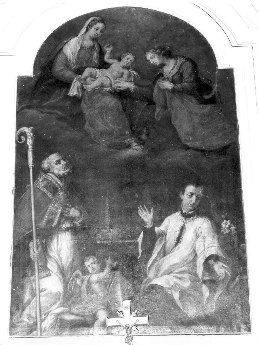 Madonna in gloria con Bambino, Santa Caterina d'Alessandria, San Luigi Gonzaga e San Geminiano (dipinto) di Pisa Pietro (attribuito) (metà sec. XVIII)