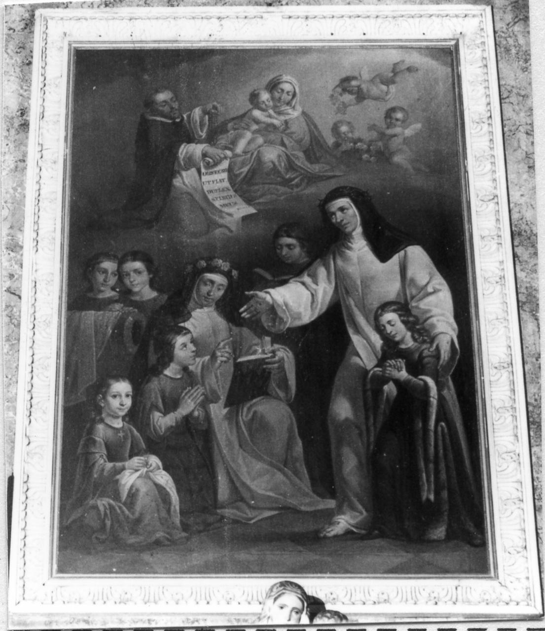 Santa Caterina da Siena raccomanda a Santa Rosa le fanciulle dell'Educandato (dipinto) di Manzini Luigi (sec. XIX)