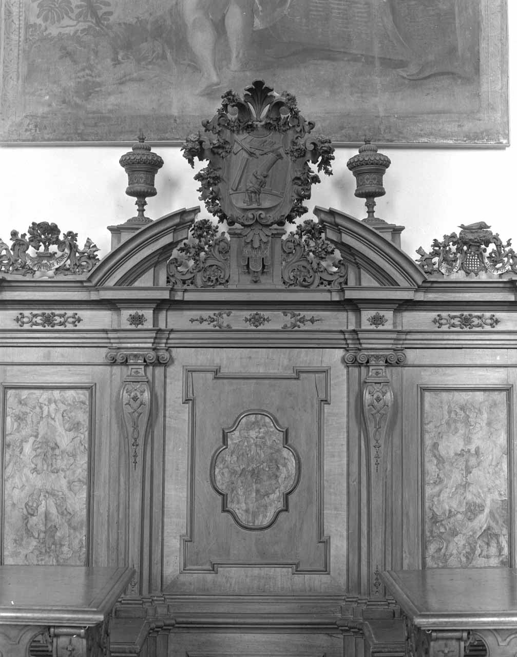 Sansone che abbatte le colonne del tempio (Fortezza) (stallo di refettorio) di Marchiori Giovanni (sec. XVIII)