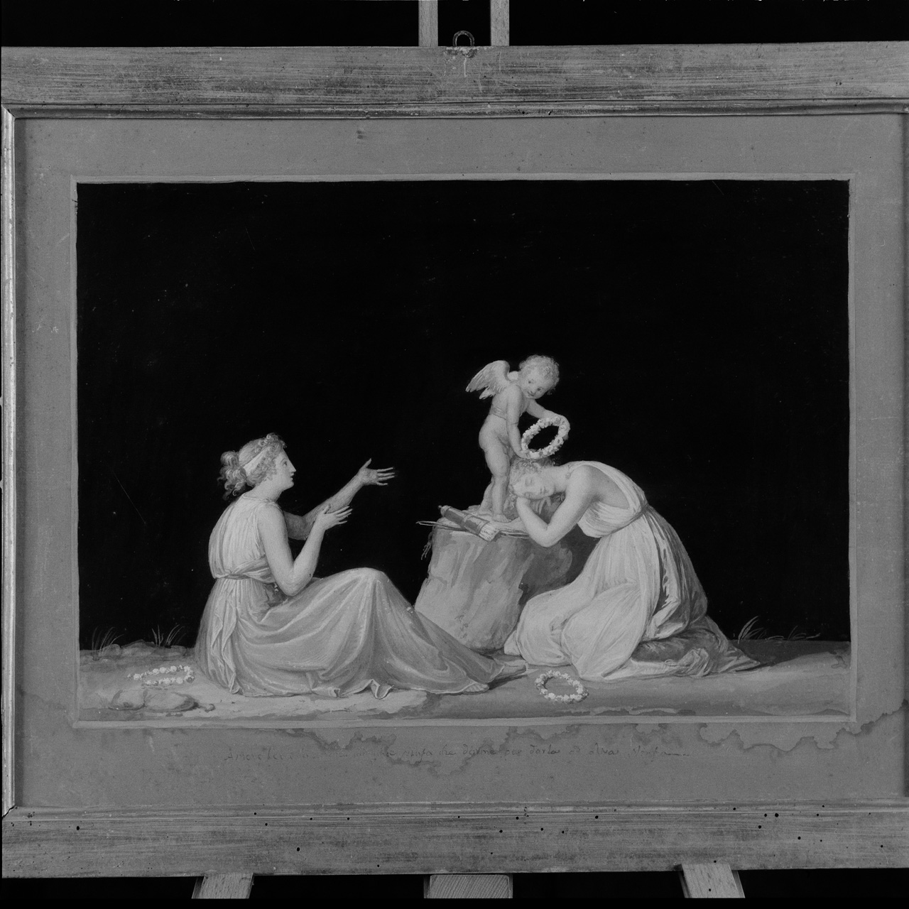 Due ninfe e Amorino che gioca con una corona di fiori (disegno) di Canova Antonio (sec. XVIII)