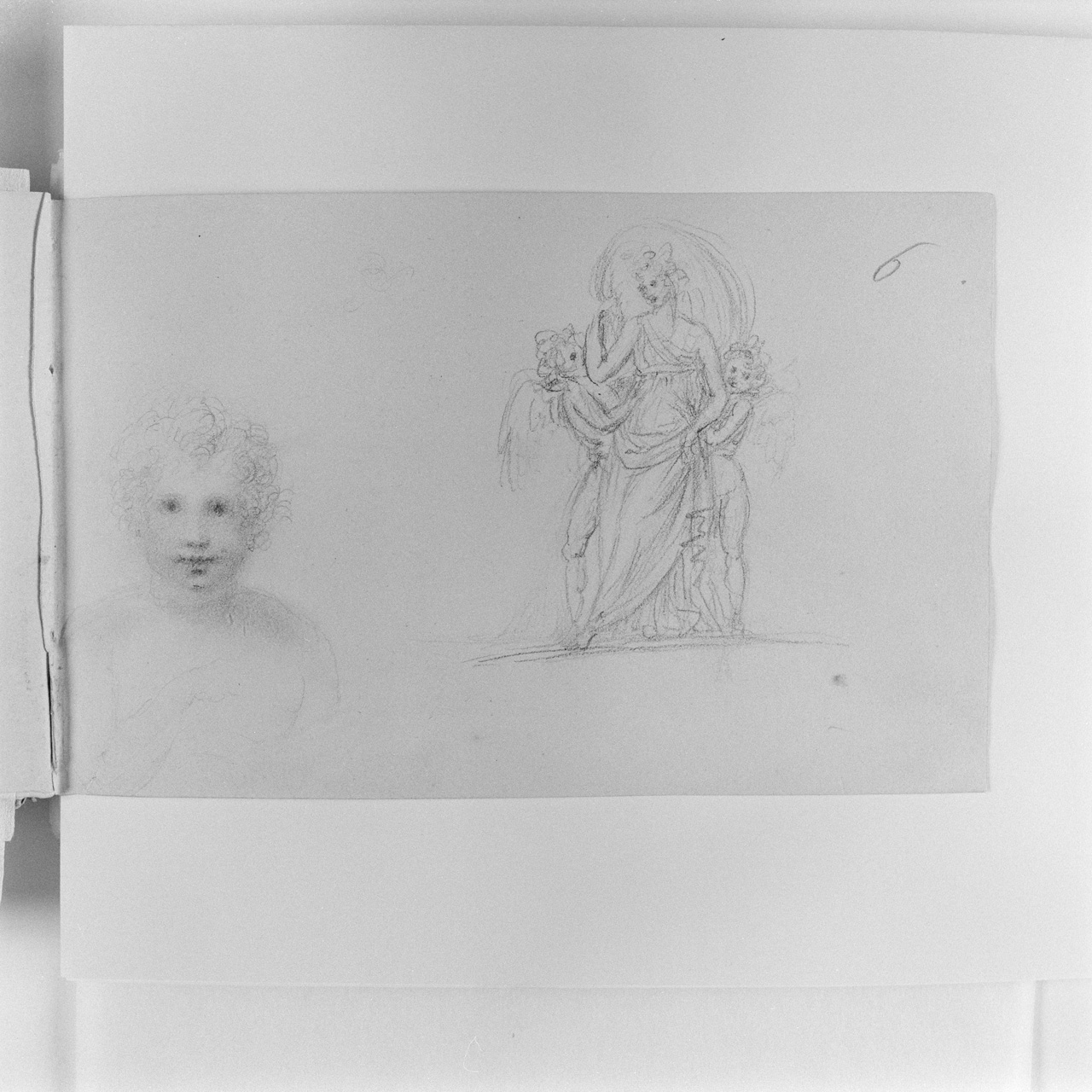 Busto di bambino; figura femminile panneggiata che incede sorretta da due cupidi (taccuino di disegni) di Canova Antonio (sec. XIX)