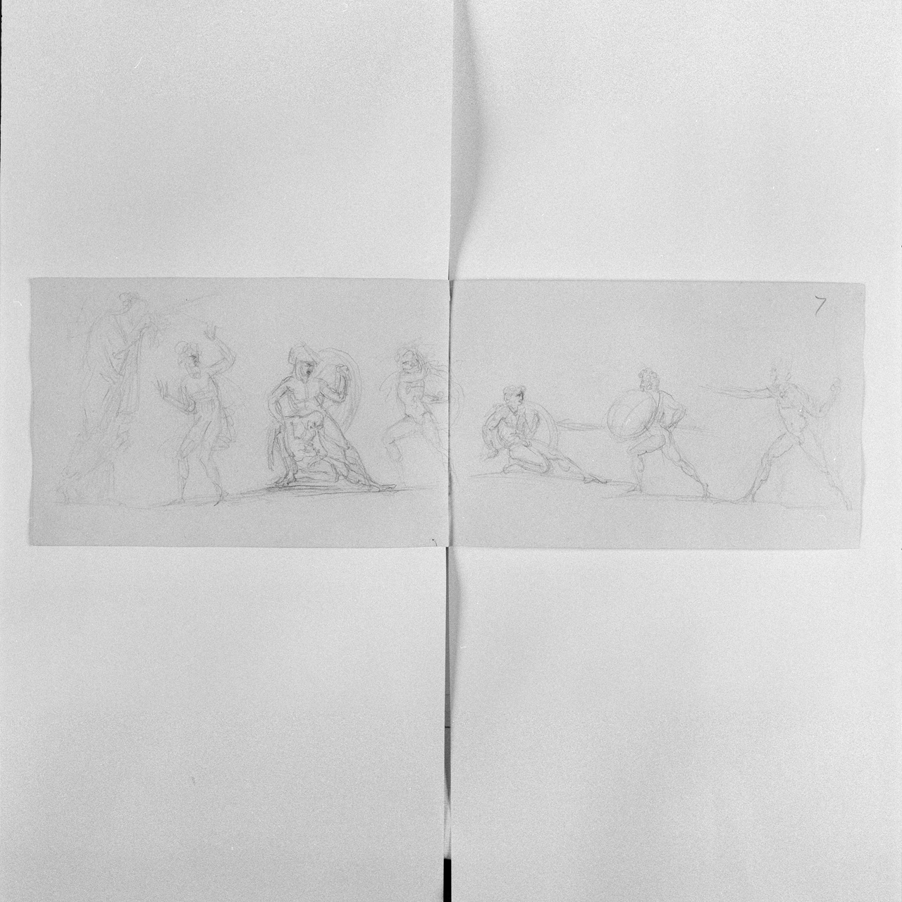 Figura femminile afflitta poggiante il capo su un sarcofago; uomo spaventato, in atto di allontanarsi con le braccia sollevate; guerriero ignudo galeato che protegge con lo scudo se stesso e un compagno da un altro guerriero; lotta tra tre guerrieri (taccuino di disegni) di Canova Antonio (sec. XIX)